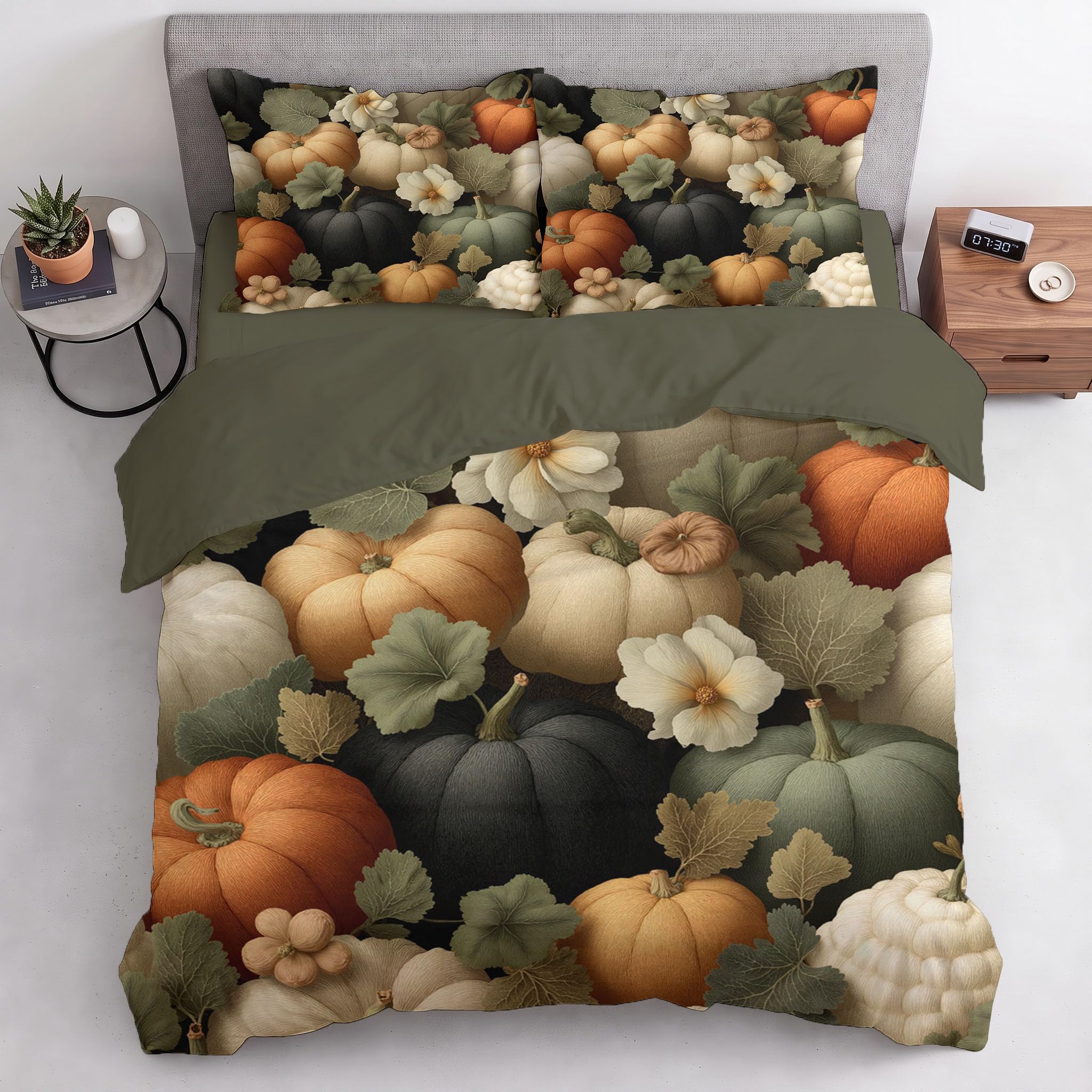 Housse de Couette 200x200cm Plantes à l'aquarelle Floral Parure de lit Adulte | 2 Personnes Fleurs et feuilles blanches citrouille en Microfibre Linge de lit avec Fermeture Éclair et 2 Taie d'oreiller