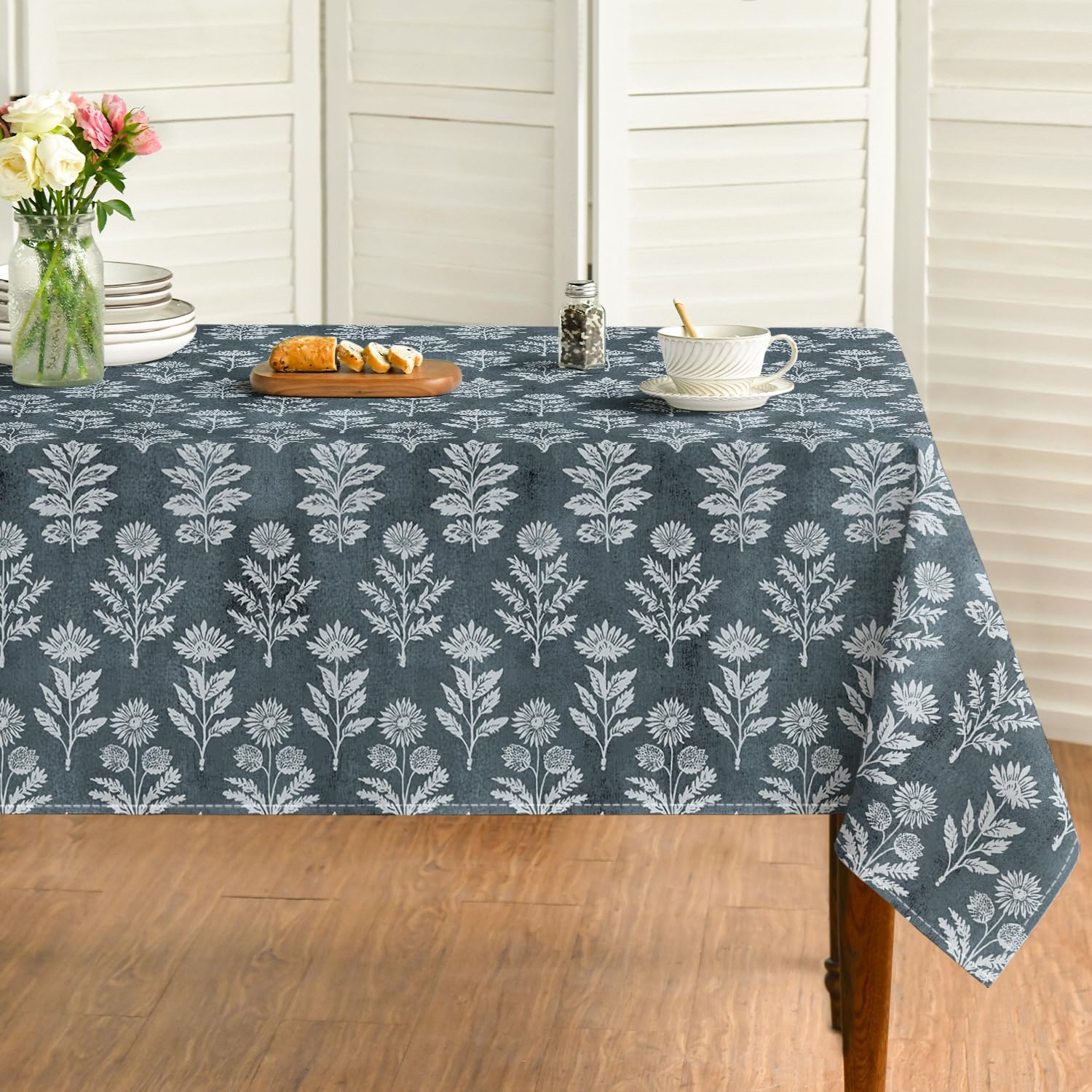 Photo 1 of Horaldaily Spring Tablecloth 60×84 Inch Rectangular, Dark Teal Traditional Vintage Botanical Pattern Daisy Flower Washable Seasonal Table Cover for Party Picnic Dinner Decor