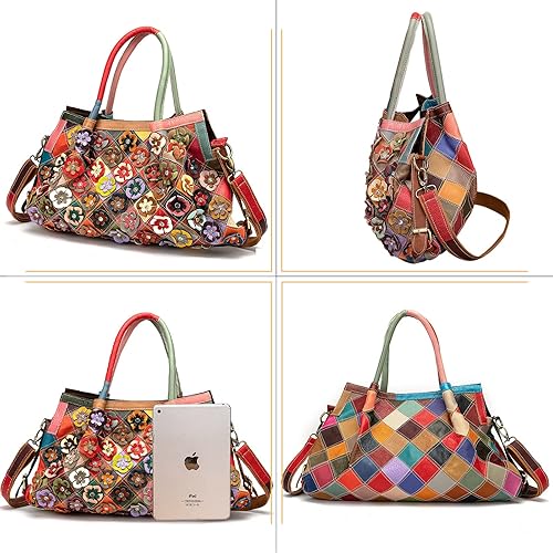 Vista 4 de Bolso Boston multicolor para mujer, de cuero genuino, colorido, grande, bolso de mano