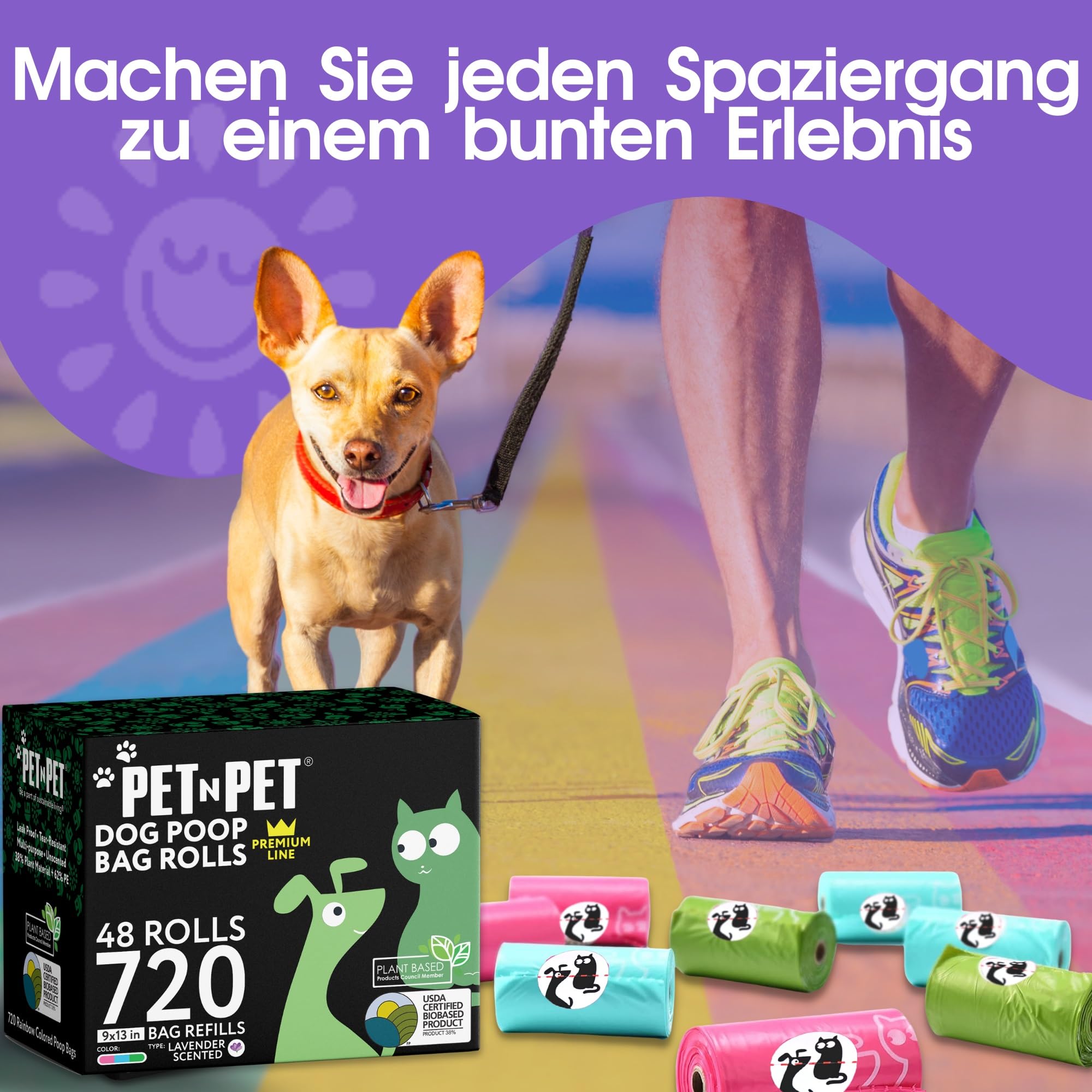Pet N Pet Bunte Hundekotbeutel, 720 Stück, 48 Rollen, Lavendelduftend | 41% pflanzenbasiert & 59% PE, Extra dick & reißfest, kotbeutel für hunde & Katzenstreubeutel, Auf Rollen