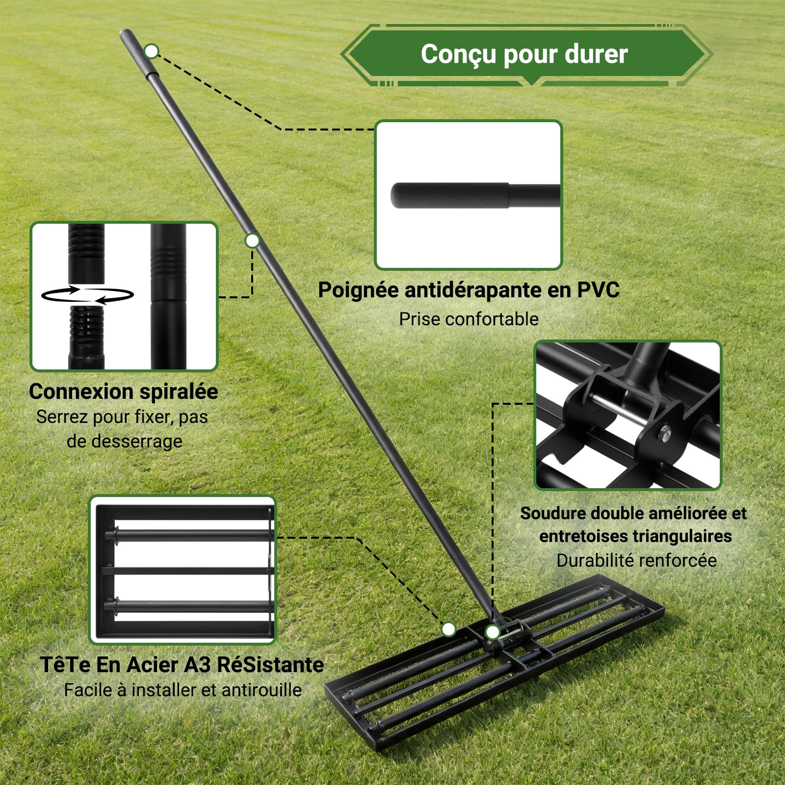 RâTeau De Nivellement De Pelouse 76x25cm, Niveleur Gazon en Acier A3 Antirouille avec Manche Long RéGlable 207cm, Rateau Jardin Et Rateau Gazon pour Niveler Terre, Sable Et Pelouses - 4