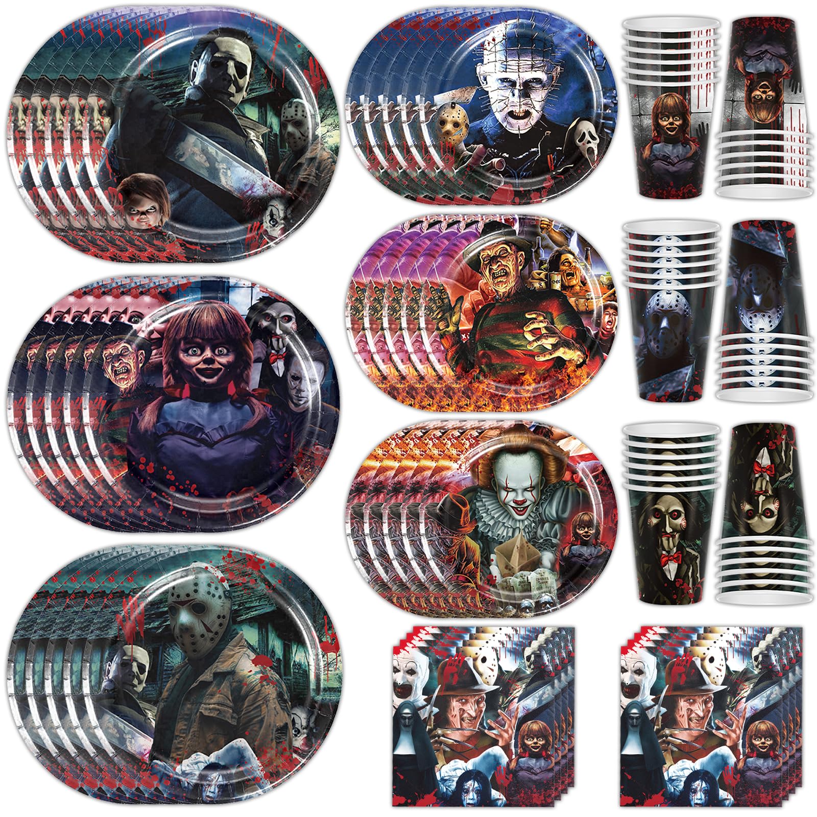 Horror Movie Birthday Party Supplies 120pcs Disposable Horror Movie Paper Plates and Napkins for Halloween Party Decorations Cups Tablecloth for Boys Girl Birthday Decor, Serve 30