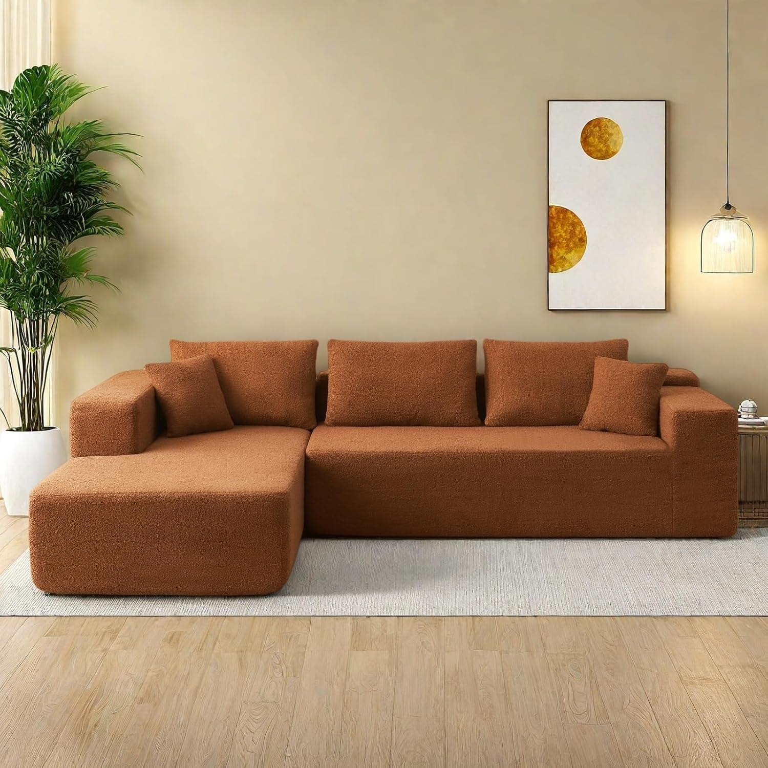 L-Shape Sectional Sofa, Floor Compression Sofa with Chaise Lounge & 2 Free Pillows, 104'' Modular Cloud Couch with Square Handrail, Thick Backrest & Cushion for Living Room, Bedroom, Orange