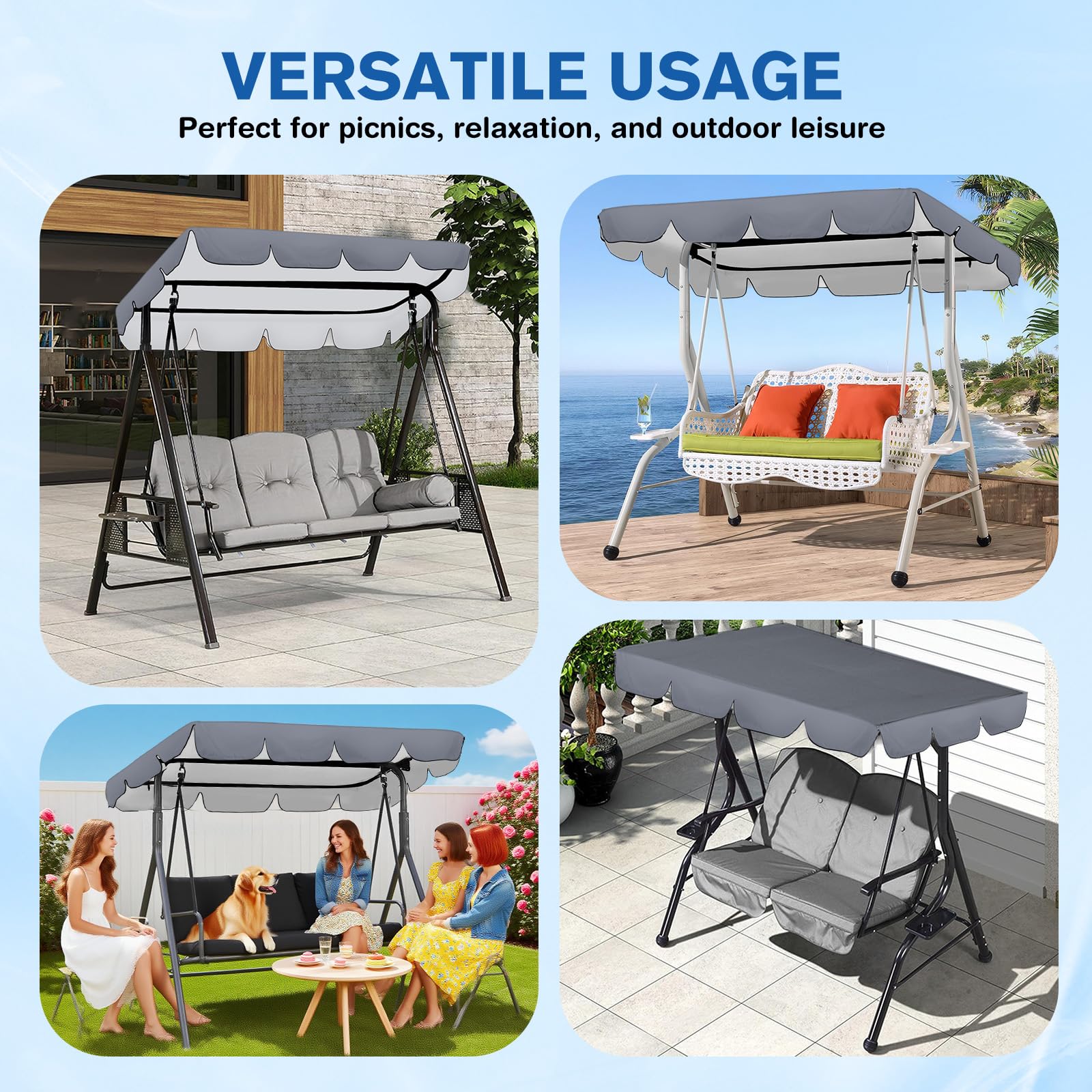 Toit de Balancelle 3 Places 210 x 145 cm, Toile de Rechange pour Balancelle de Jardin, Imperméable Anti-UV, Housse de Remplacement Extérieure Déperlante