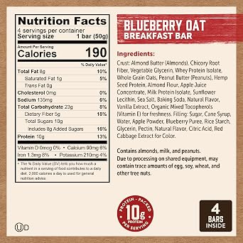 Kodiak Cakes Soft Baked Sandwich Breakfast Bar, Blueberry Oat, High Protein, 100% Whole Grains, 12 boxes with 4 bars each (48 bars total)