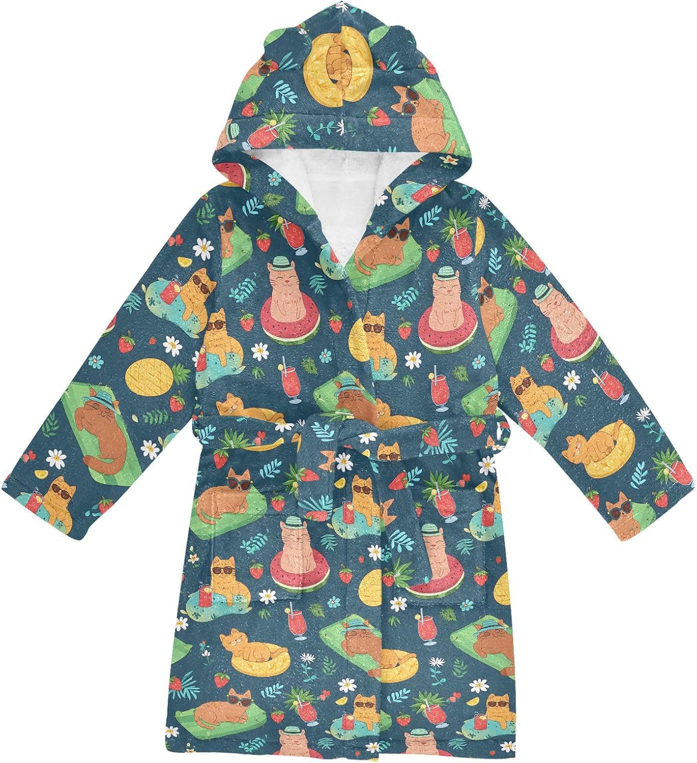senya Summer Cat Vacation on Beach Toddler Hooded Bathrobe Kids Soft Plush Bath Towel Robes for Boys Girls 2-12 Years