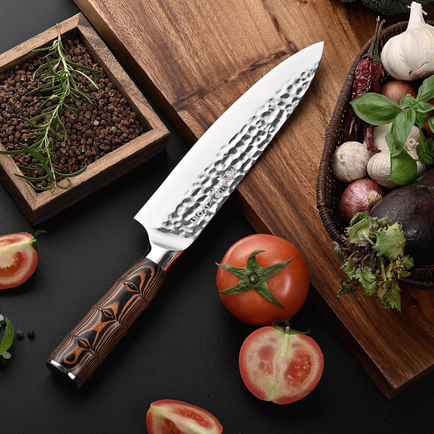 Couteau de Chef 20 cm, Couteau de Cuisine Professionnel, Lame Acier Inoxydable Haute Carbone, Poignée Bambou Ergonomique