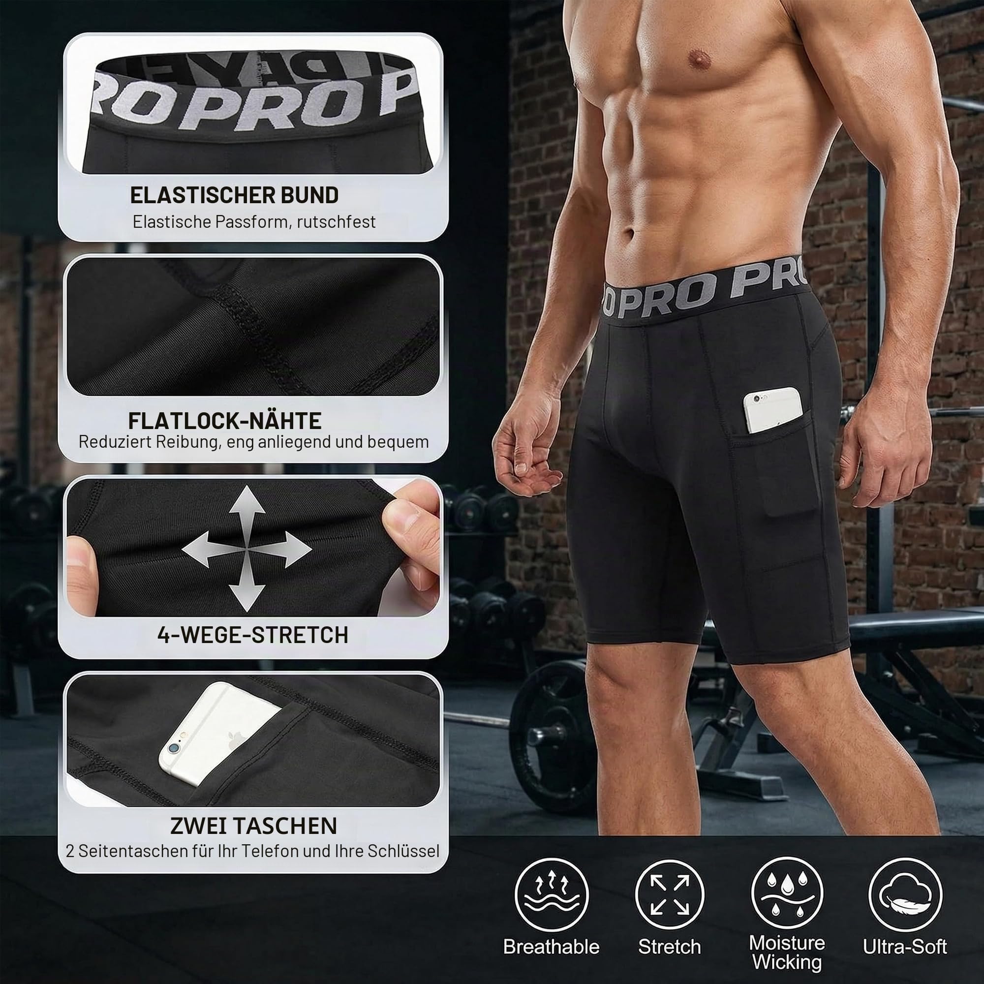 YUSHOW 1-3er Pack Kompressionsshorts Herren Kompressionshose Sporthose Kurz Schnell Trocknend Atmungsaktive Kurze Radlerhose Sommer Männer Laufhose Funktionsunterwäsche mit Taschen