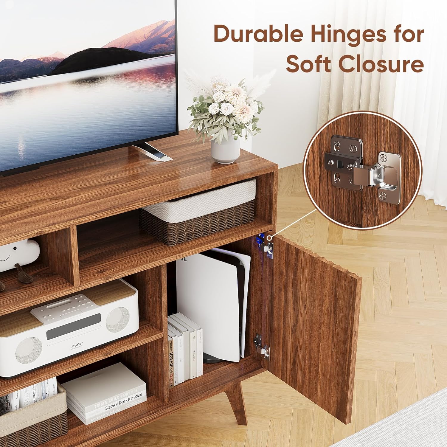 Concho Fluted TV Stand for 60 Inch TV, Modern Entertainment Center with Storage and Shelves, Wood TV Console with Solid Wood Legs, Tall Media Console, TV Cabinet for Living Room and Bedroom, Walnut