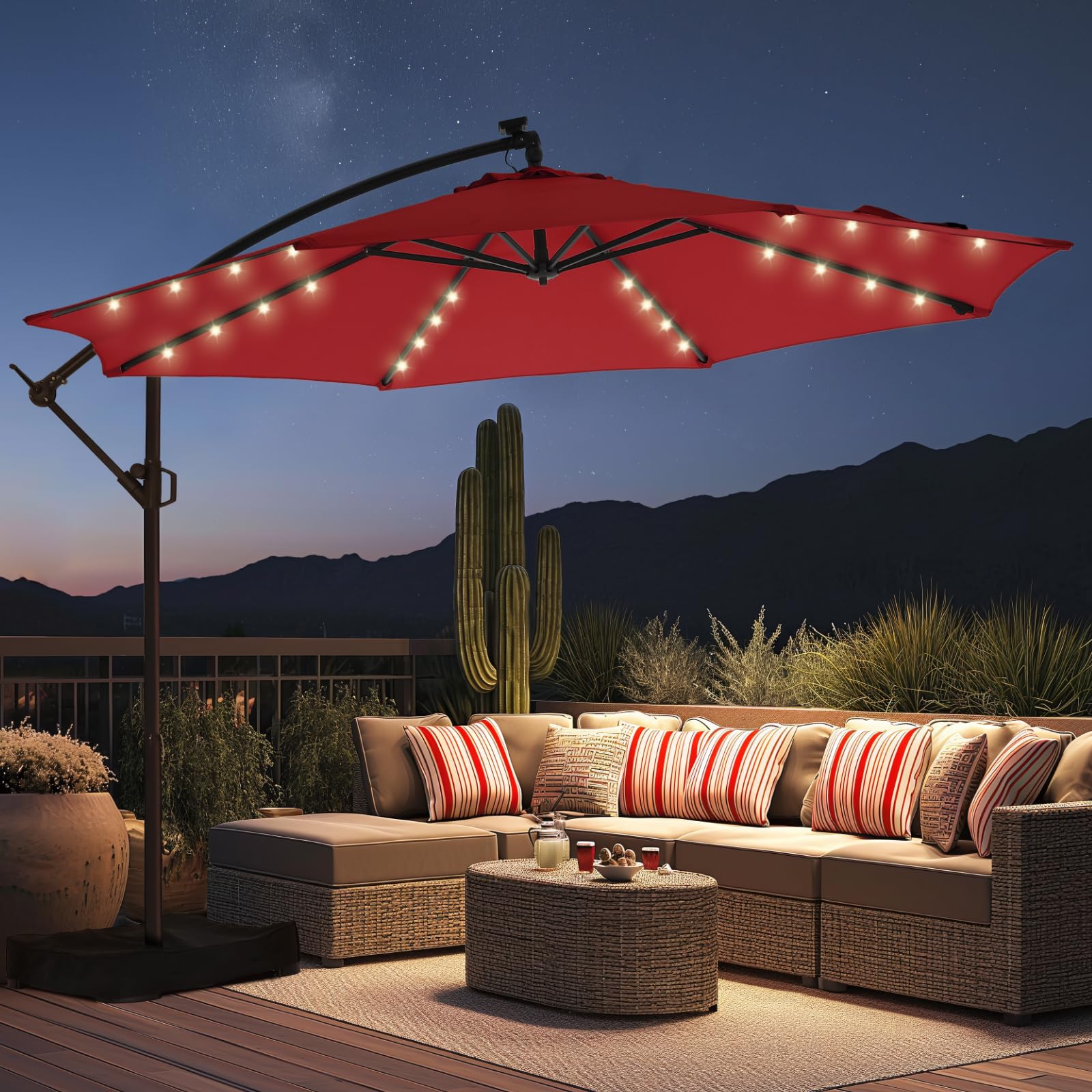 10ft Solar Lights Offset Cantilever Patio Umbrella - w/Light and Base, LED Lighted Offset Hanging Patio Outdoor Market Umbrella UPF50+ UV Protection with Easy Tilt and Crank (Red)