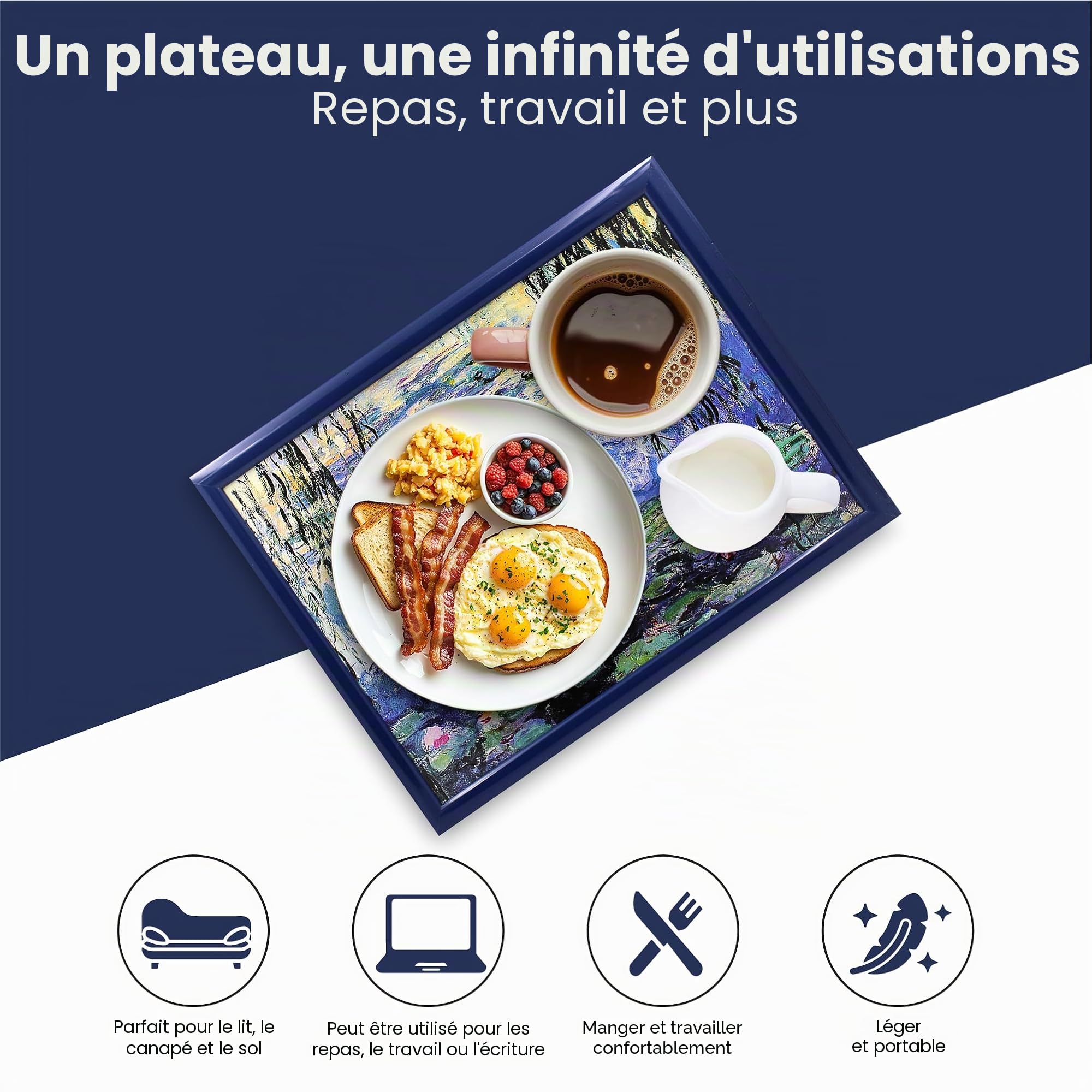 Lesser & Pavey Plateau rembourré avec Coussin rembourré pour Ordinateur Portable, Boissons, Nourriture, Petit-déjeuner, pour la Maison et Le Bureau – Claude Monet