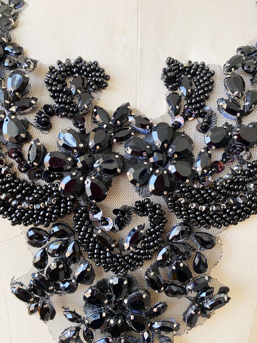 Handmade Rhinestones lace Applique handsewing Beads Trim Patches Neckline for Dress Clothes Accessory (Black) - Image 2