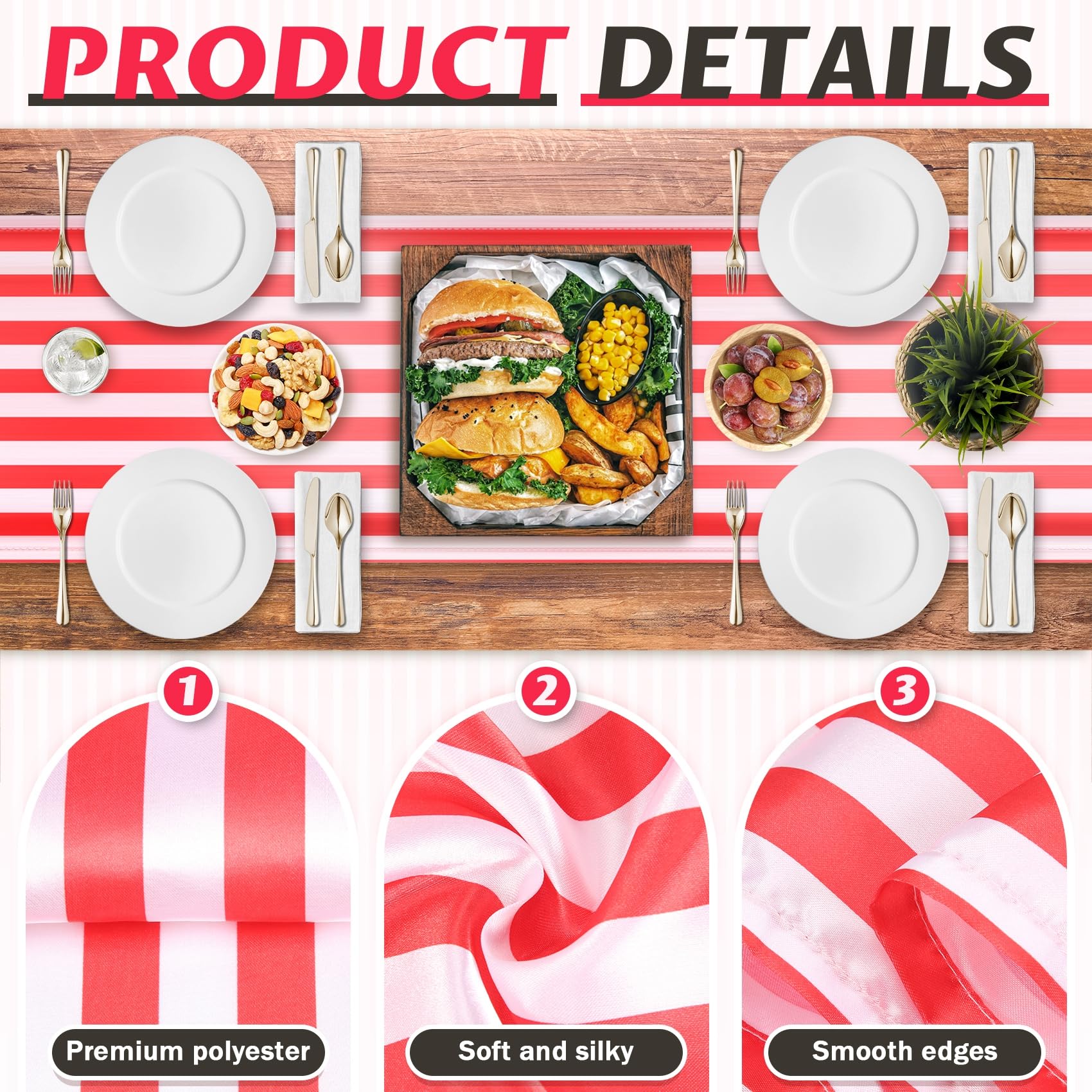 Mecerypt 6 Pieces Striped Table Runner Wedding Polyester Table Decor Red White Striped Design Tablecloth Decor 12 x 108 Inch - Image 4