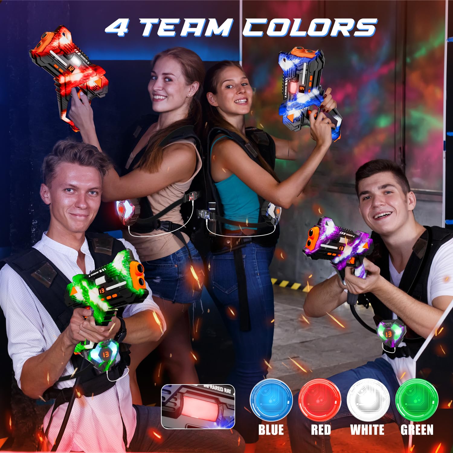 VATOS Rechargeable Laser Tag 360° Combat, 2.4GHz Data SYNC Display Laser Tag Gun with Vest and Back Target 4 Players - Image 2