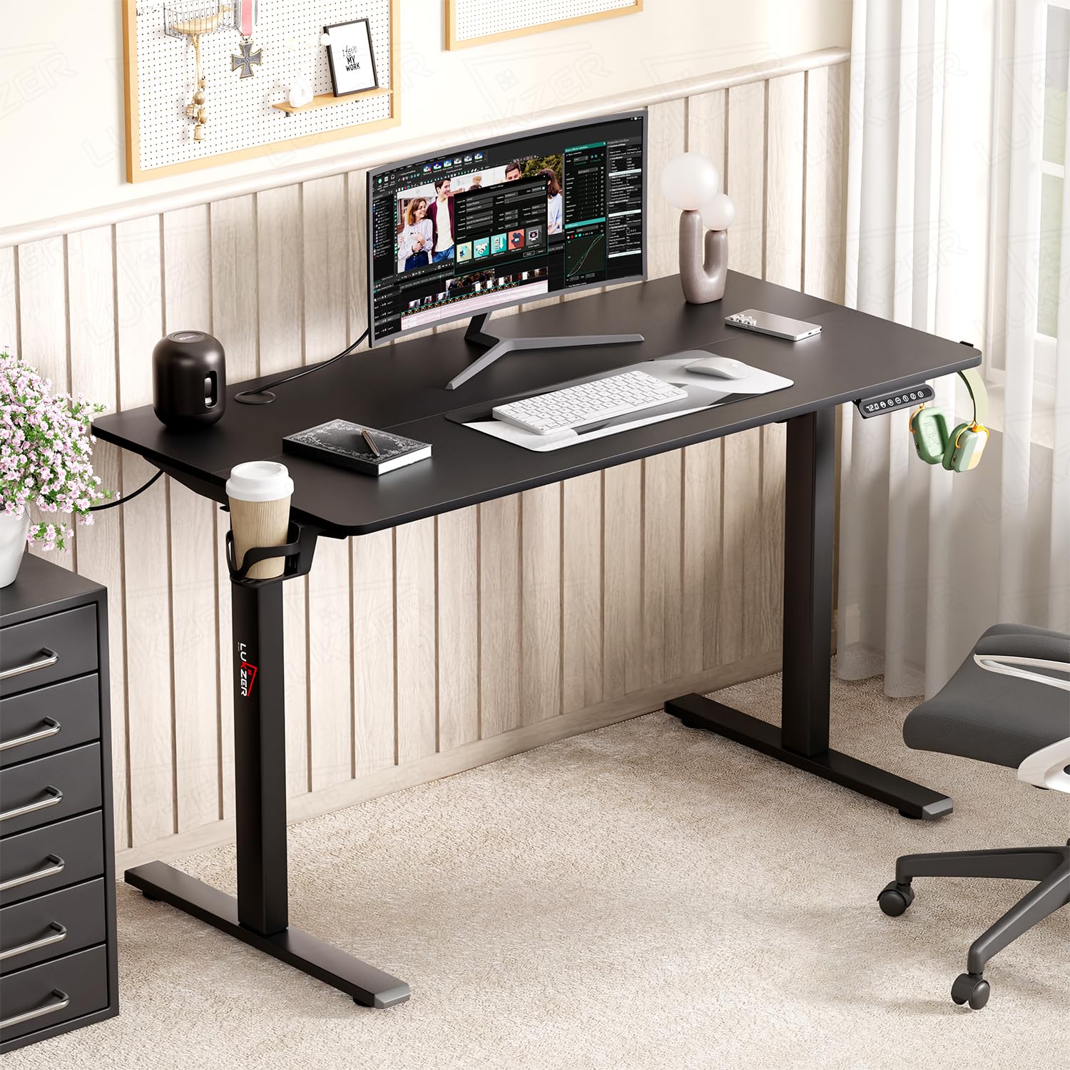 Lukzer Electric Automatic Height Adjustable Sit Stand Desk | Black Frame Black Top | Ergonomic Study Table with Digital Display & Memory Preset Option for Home & Office (EST-003/70 x 110 x 60cm)