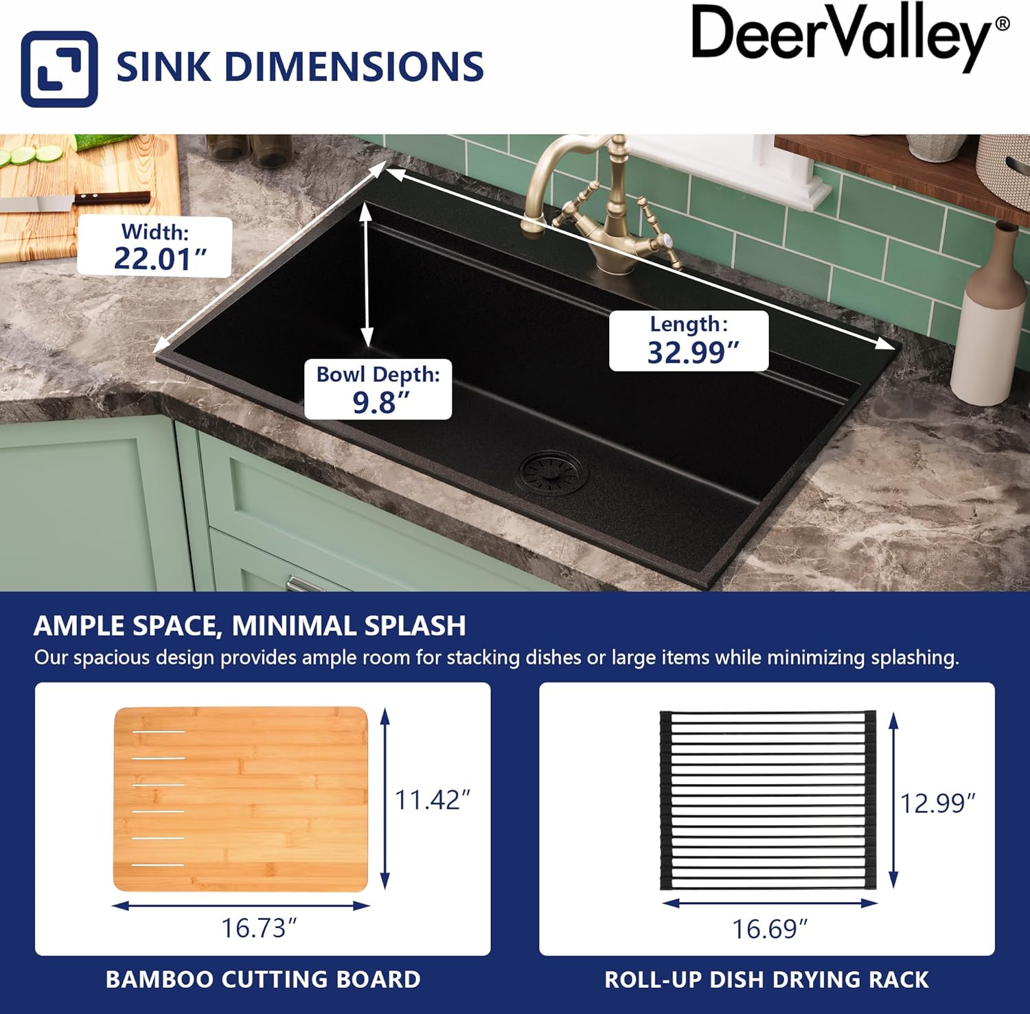 DeerValley Black Drop In Kitchen Sink 33 Inch, Granite Composite Single Bowl Workstation Sink with Integrated Ledge
