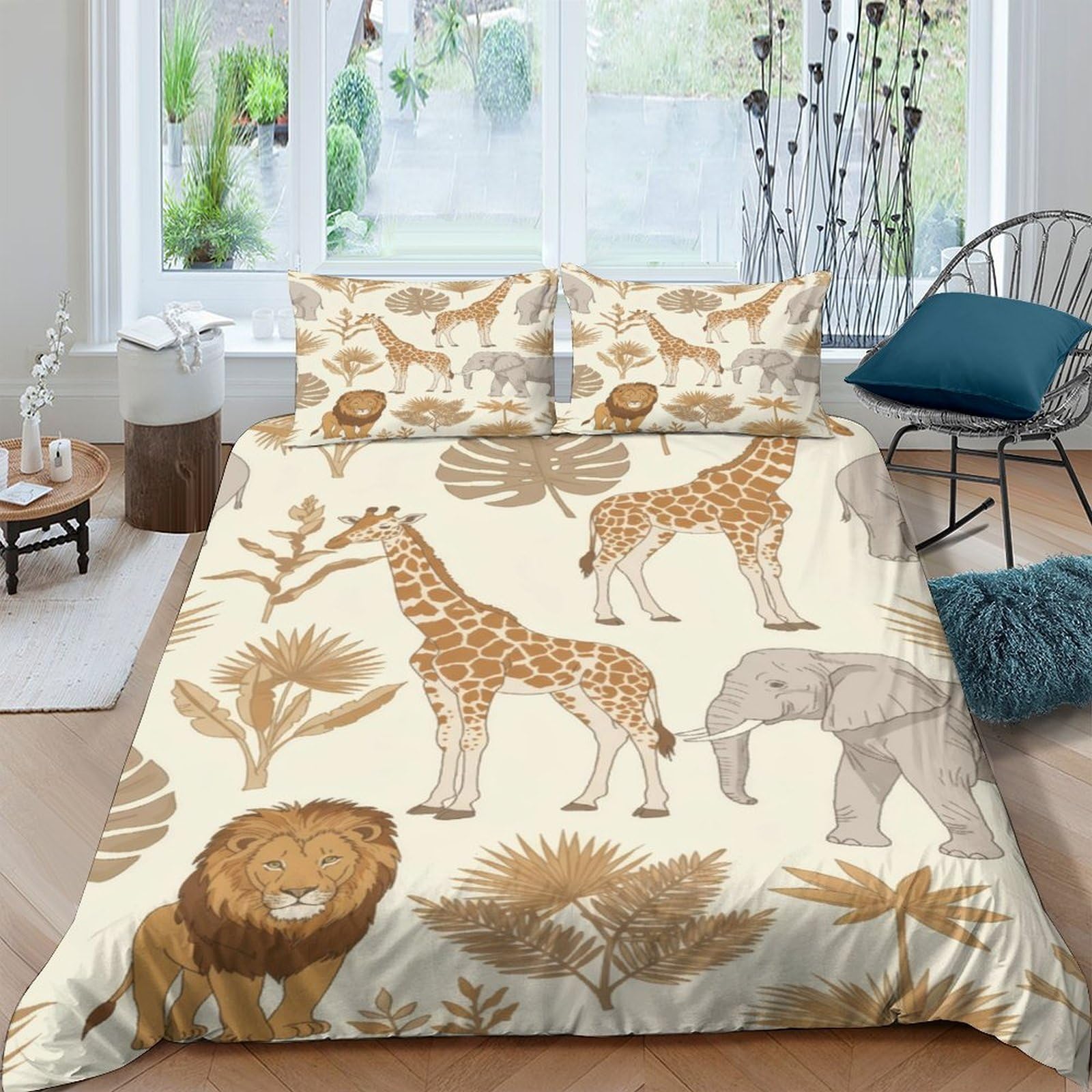 GPLZQXKJNH 3D Printed Safari Animals Duvet Cover Microfiber Soft Breathable Jungle Wildlife Bedding Set with 2 Pillowcases for Bedroom Decor Single（135x200cm）