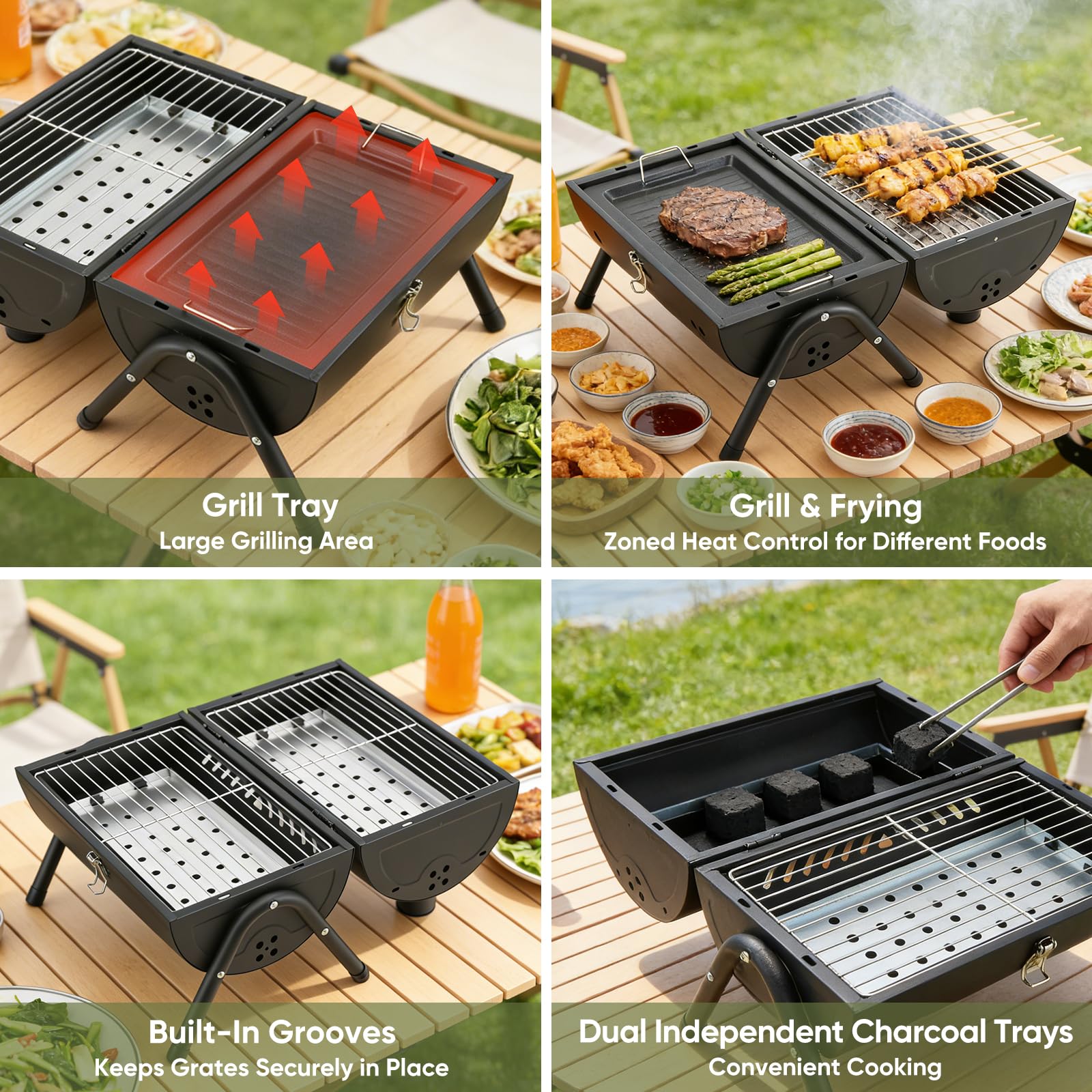 Barbecue portable de camping, barbecue tambour d'extérieur, idéal pour la plage, le camping-car, le jardin et les fêtes. Noir, avec 1 plateau de cuisson et 2 grilles