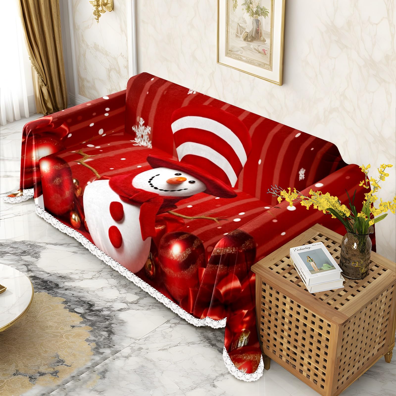 MSINMKOK Christmas Snowman Red Washable Sofa Covers for 2 Cushion Couch, Slipcover Throw for Pet Dogs, Protector 71''x102''