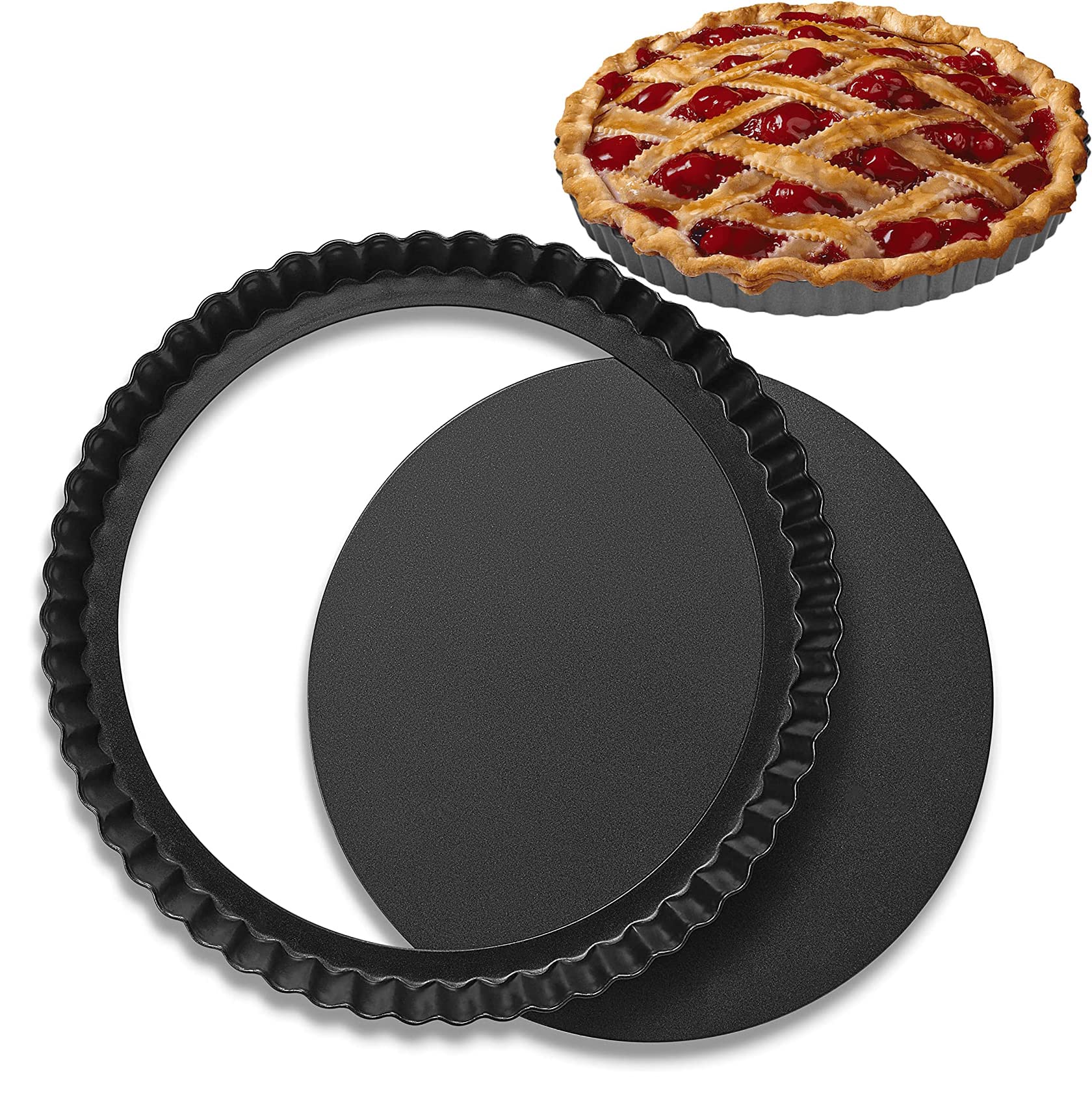 Quiche Pan, 22cm Flan Tins with Loose Base, Non-Stick Tart Tin, Flan Case Tin Removable Loose Bottom, Round Deep Tart Tins for Baking, Pie, Flan, Dish, Quiche