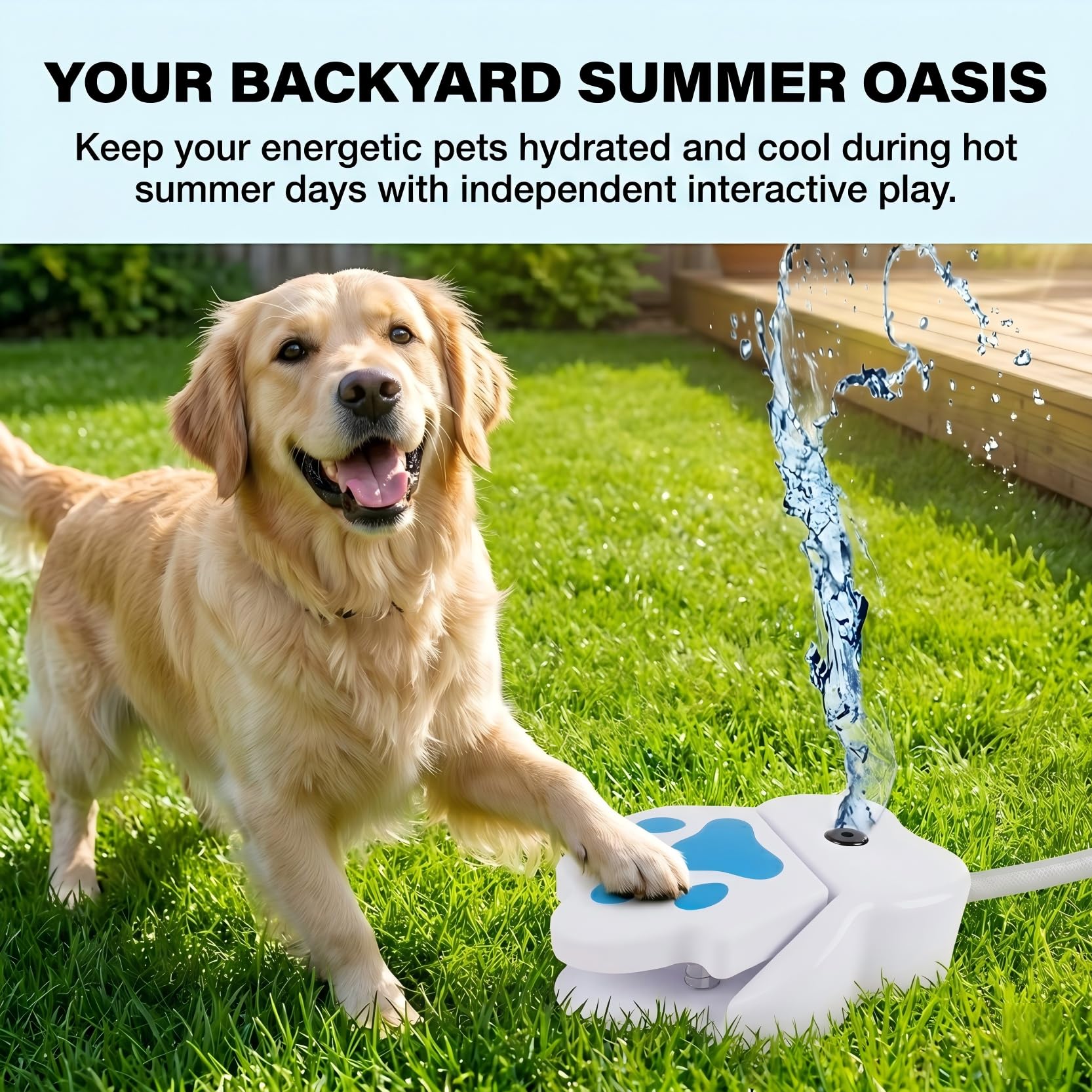 Dog Water Fountain Step On, Paw Activated Outdoor Dog Sprinkler Toy for Large & Small Dogs, No Battery Pet Drinking Pedal with Leak-Proof Hose Connector for Backyard & Summer Play