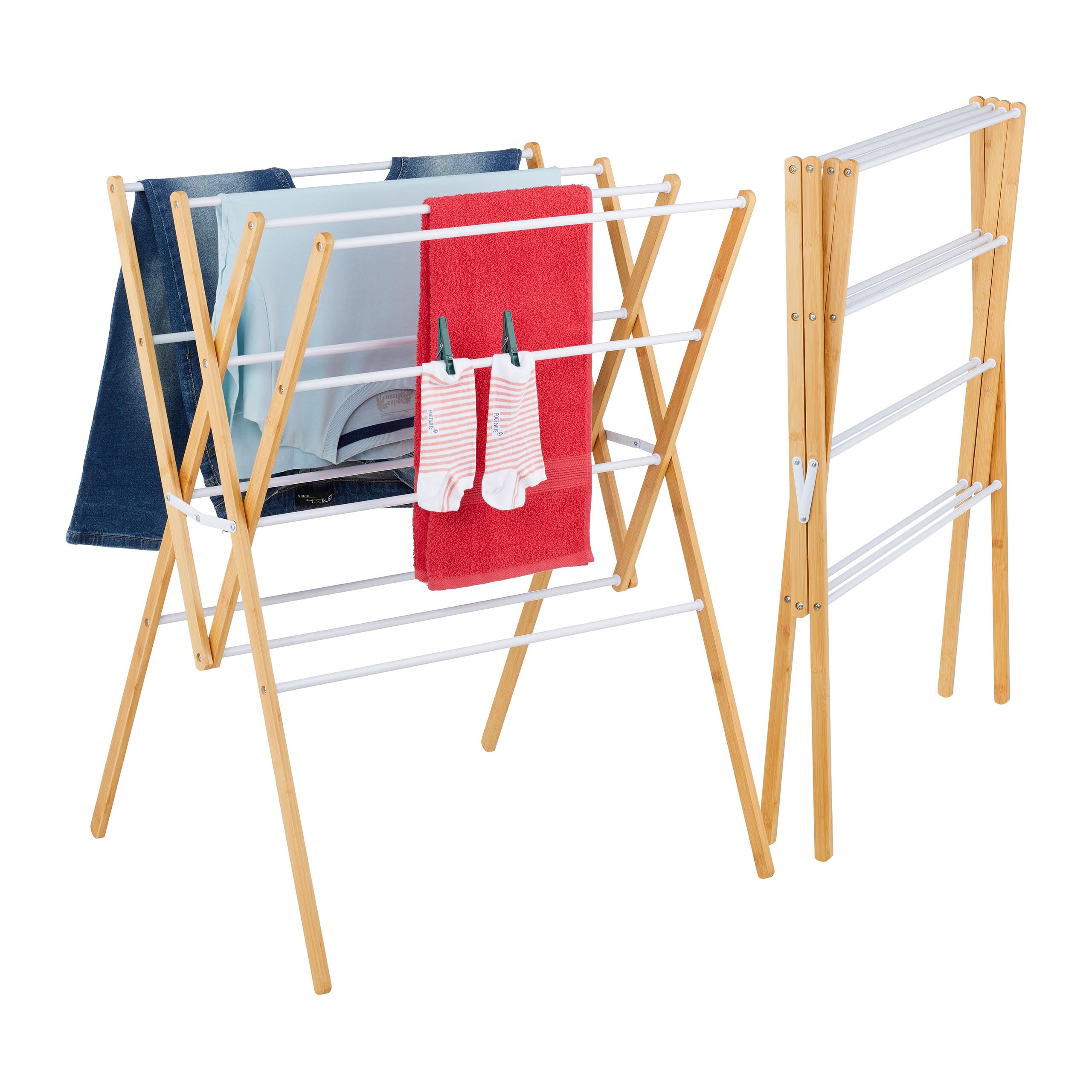 Relaxdays Stendibiancheria Pieghevole, Stendino Verticale a Torre, 12 Aste, HLP: 93 x 70 x 62 cm, bambù e Ferro, Bianco