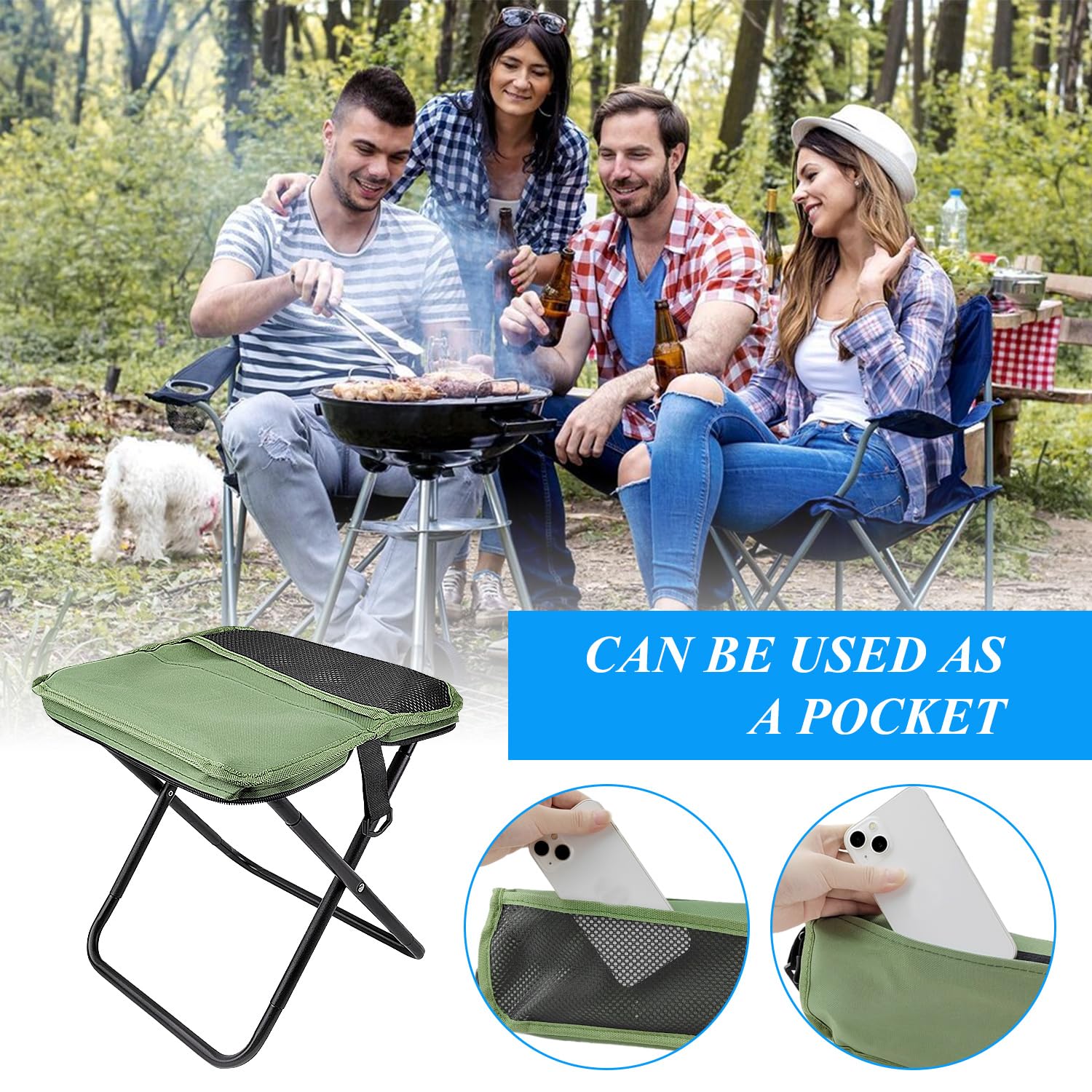 Taburete portátil para montañismo y senderismo, taburete plegable, taburete portátil, soporta hasta 150 kg, silla plegable para exteriores, con cremallera, para viajes, camping, pesca (verde)