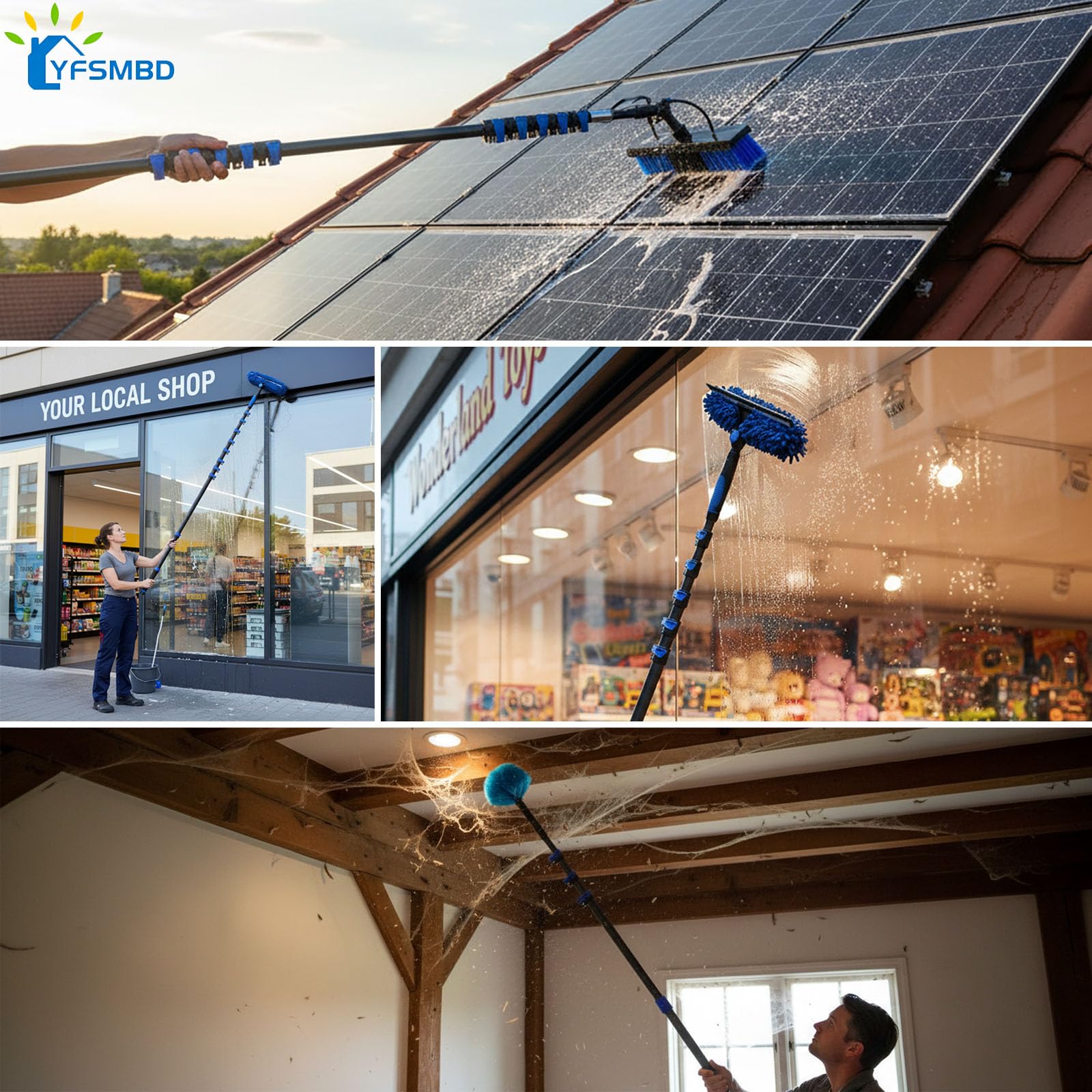 Kit Limpieza Placas Solares 3,6-20m | Pértiga Telescópica de Fibra de Carbono con Cepillo, Limpiacristales y Plumero | Depósito de Jabón | Limpieza Paneles Fotovoltaicos, Techo (35cm Cepillo,9m)