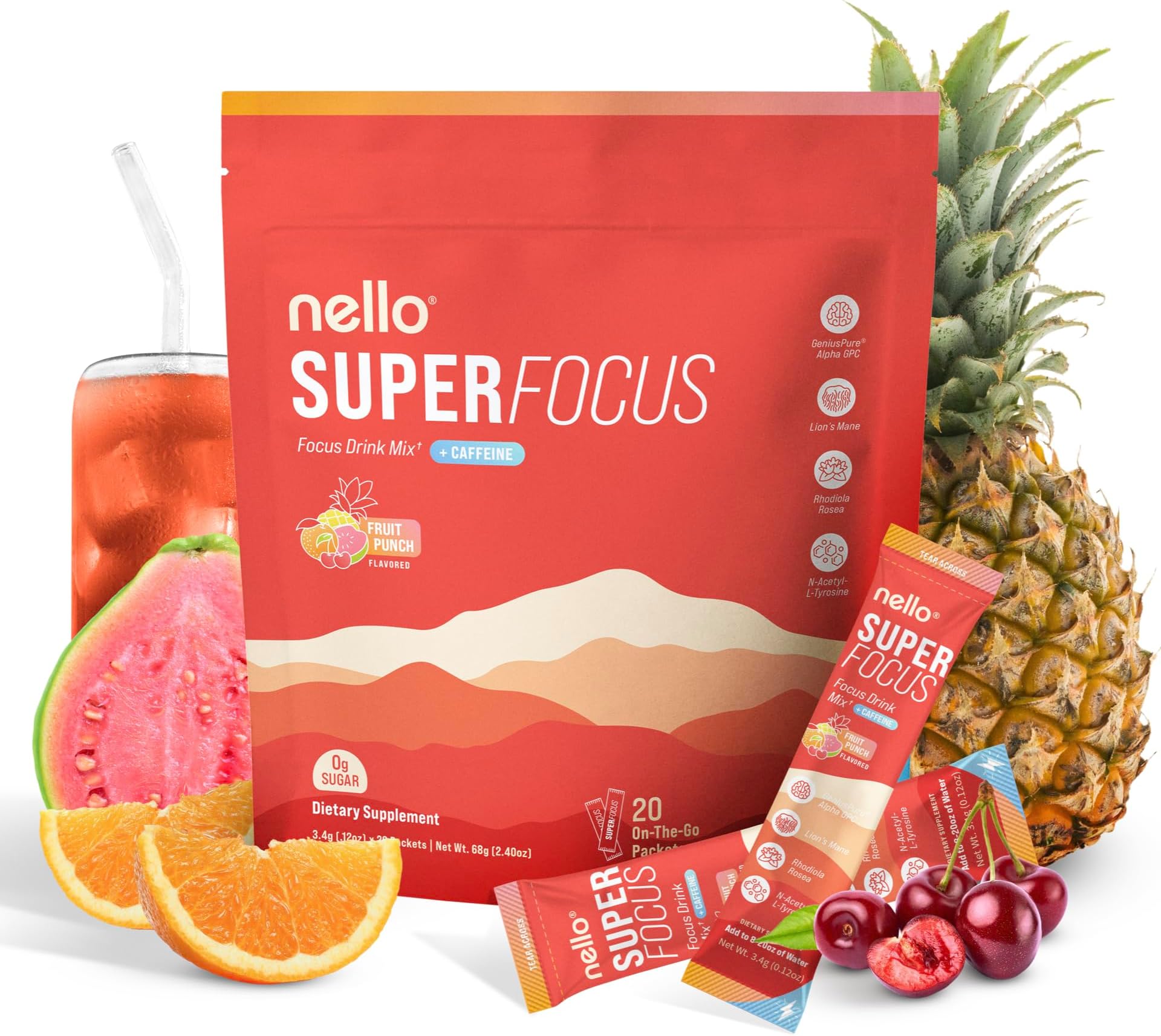 - Nello Superfocus Fruit Punch with Caffeine Nootropic Focus Drink Mix, 20 On-The-Go Packets, Alpha GPC, Lions Mane, Rhodiola, Sugar-Free