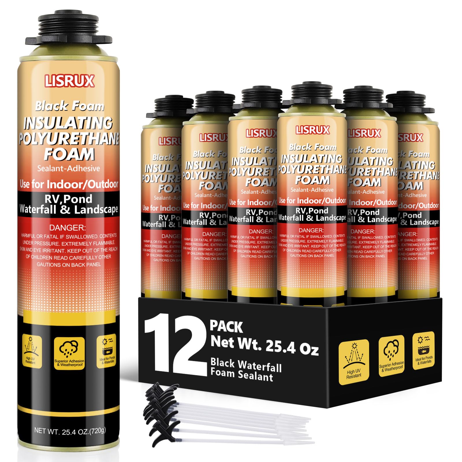 LISRUX Black Spray Foam Sealant (12x25.4 oz) Landscape Waterfall Foam, UV Resistant Polyurethane Pond Sealer, Insulating Expanding Spray for Interior & Exterior, Gun and Straw Use, Gun Not Included