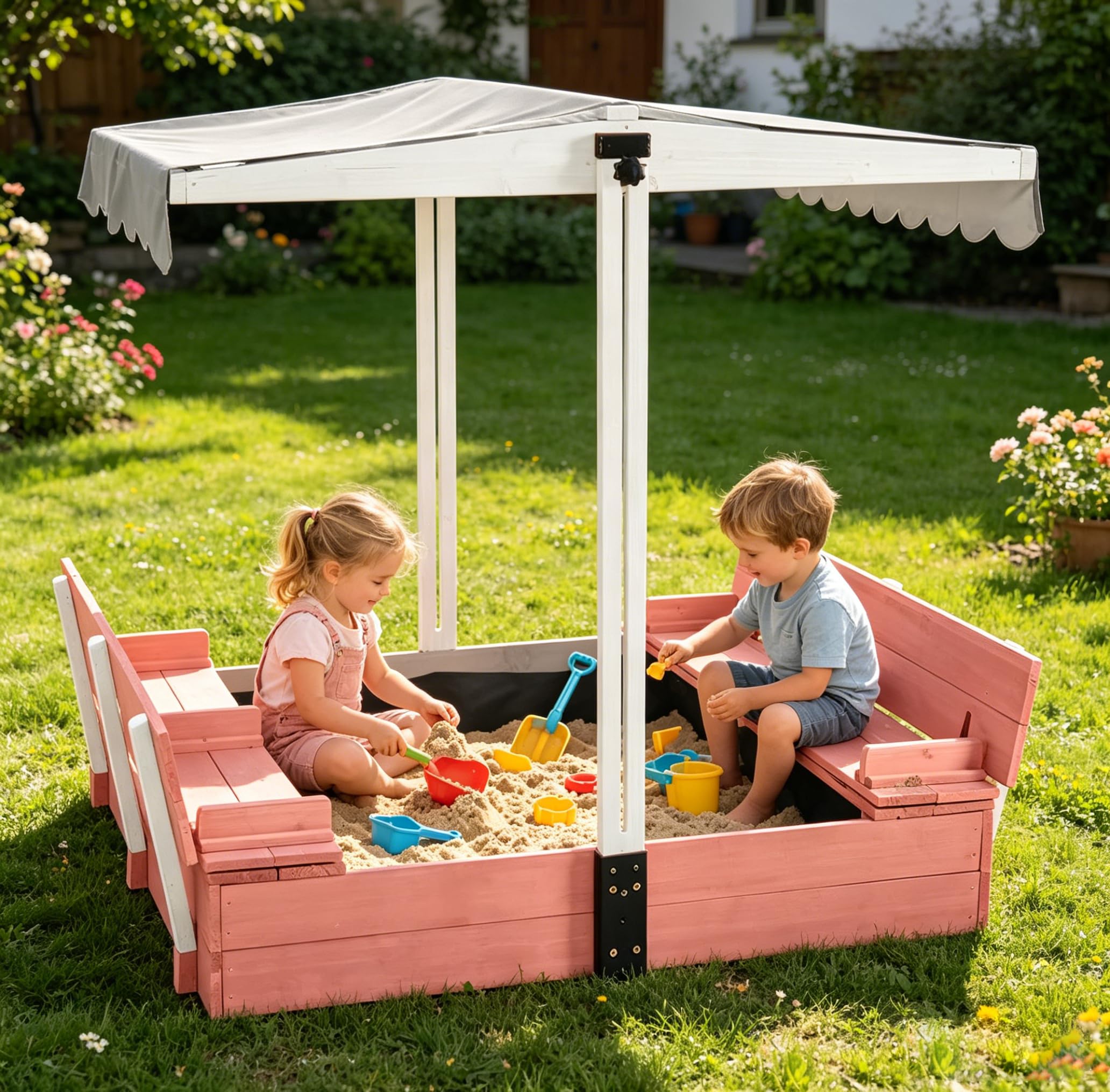Aivituvin Sandbox with Lid and Cover for Kids, Outdoor Wood Sand box with 2 Foldable Bench Seats, Adjustable Canopy and Sand Protection Liner, 47.2" L x 47.2" W x 51.9" H