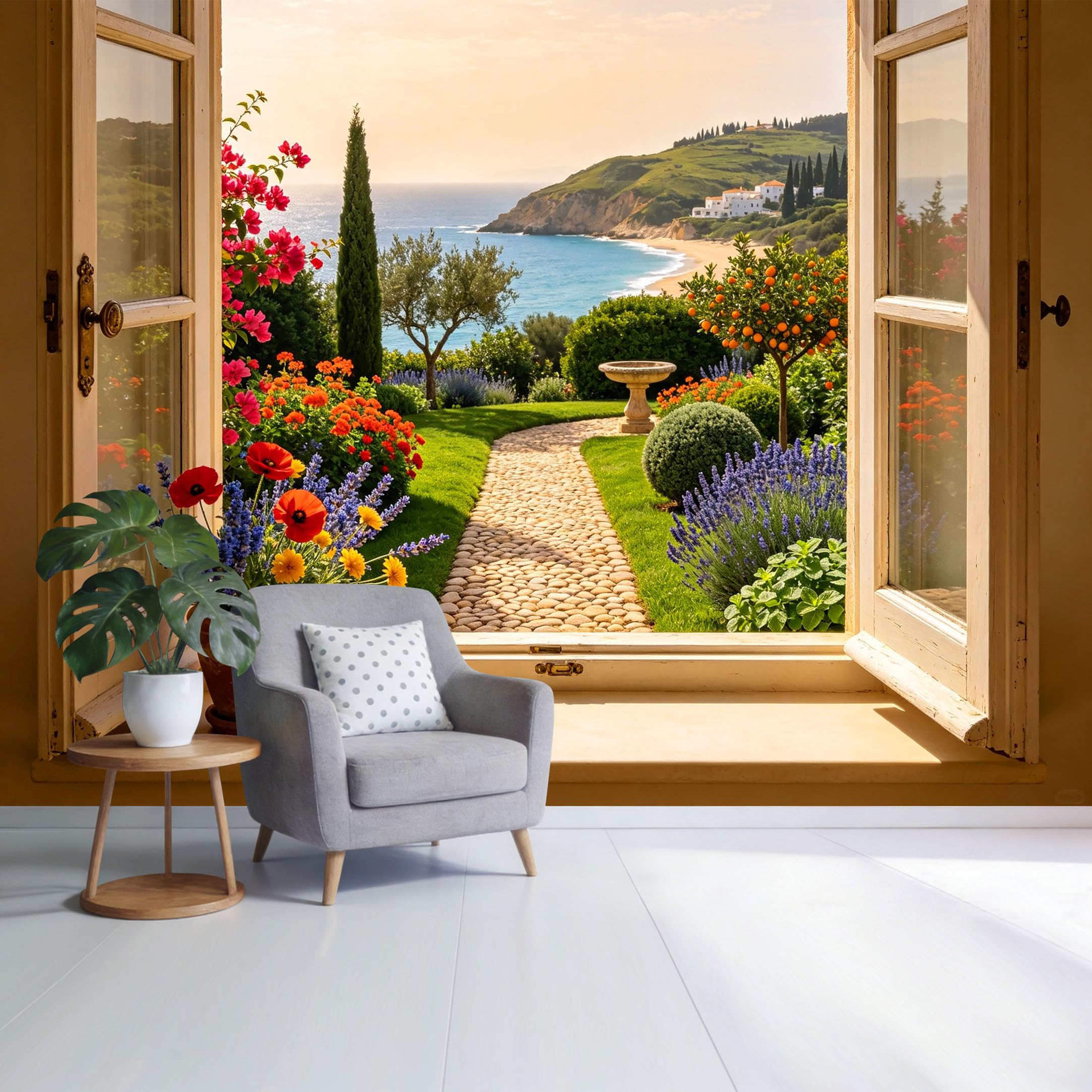 Custom Size Wall Mural Mediterranean Coastal Garden View Window Removable Self Adhesive Fabric， Home Wall Decor for Living Room Bedroom Bathroom 3D Trompe L'Oeil