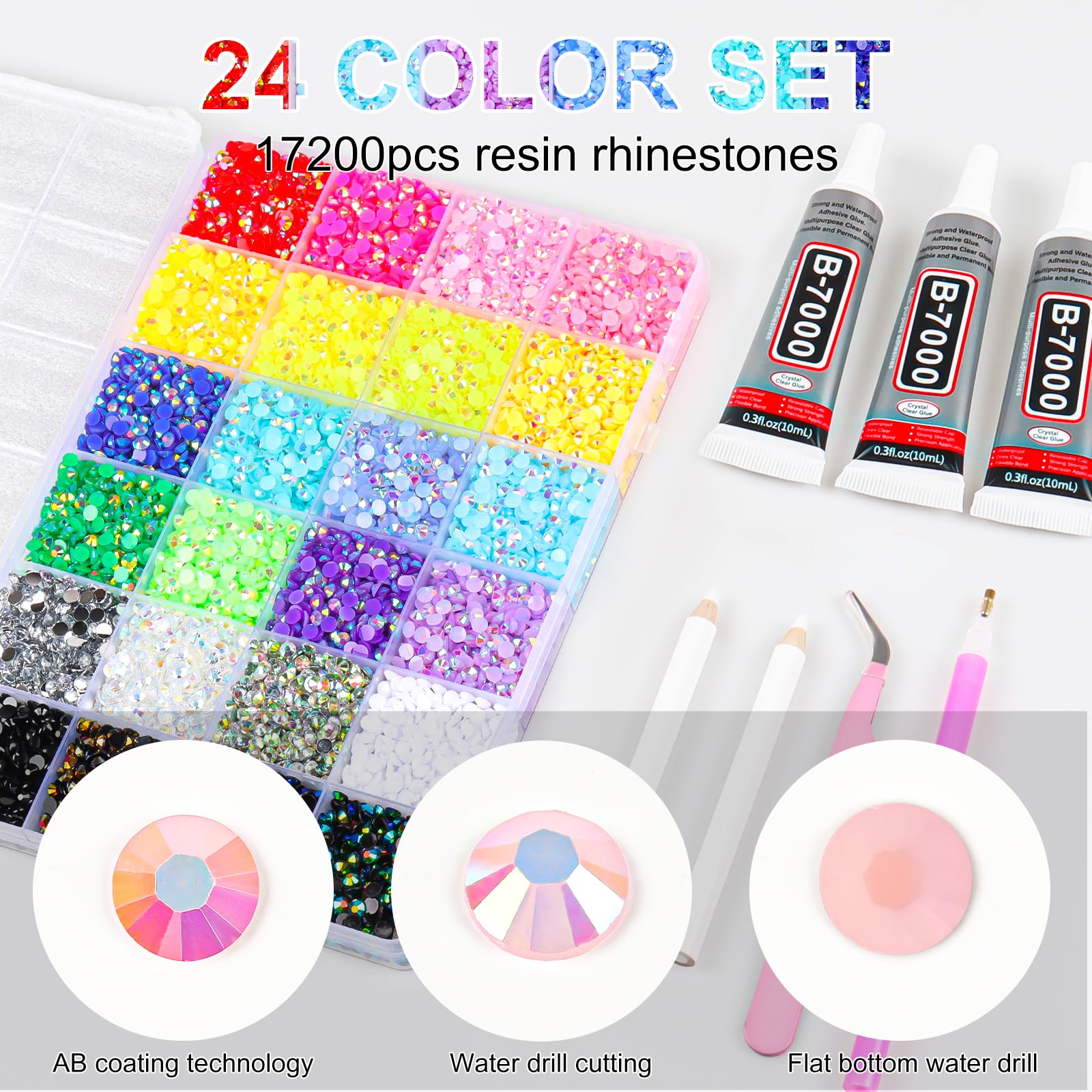 24 Colors Resin Jelly Rhinestones for Bedazzling Kit, 19200Pcs Multicolor 3mm Bedazzle Kits, Bedazzling Kit with Glue 3 PCS, Bedazzled Kits for Nail Art Crafting Book Makeup Clothing Shoes Diamond Art - 3