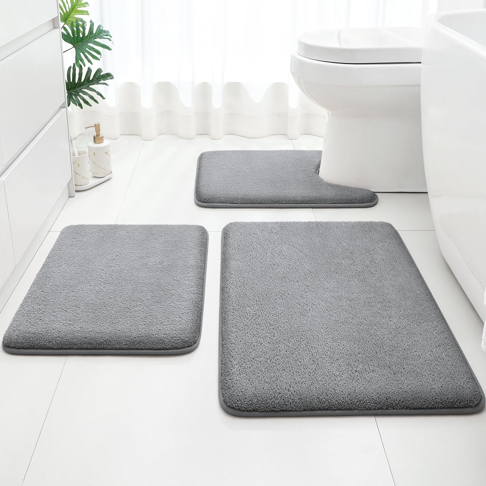 HOMEIDEAS Upgraded Bathroom Rugs Sets 3 Piece, Extra Thick Absorbent Soft Memory Foam, Washable Toilet Bath Mat (Grey,17"x24"+20"x32"+U Shape 20"x24")