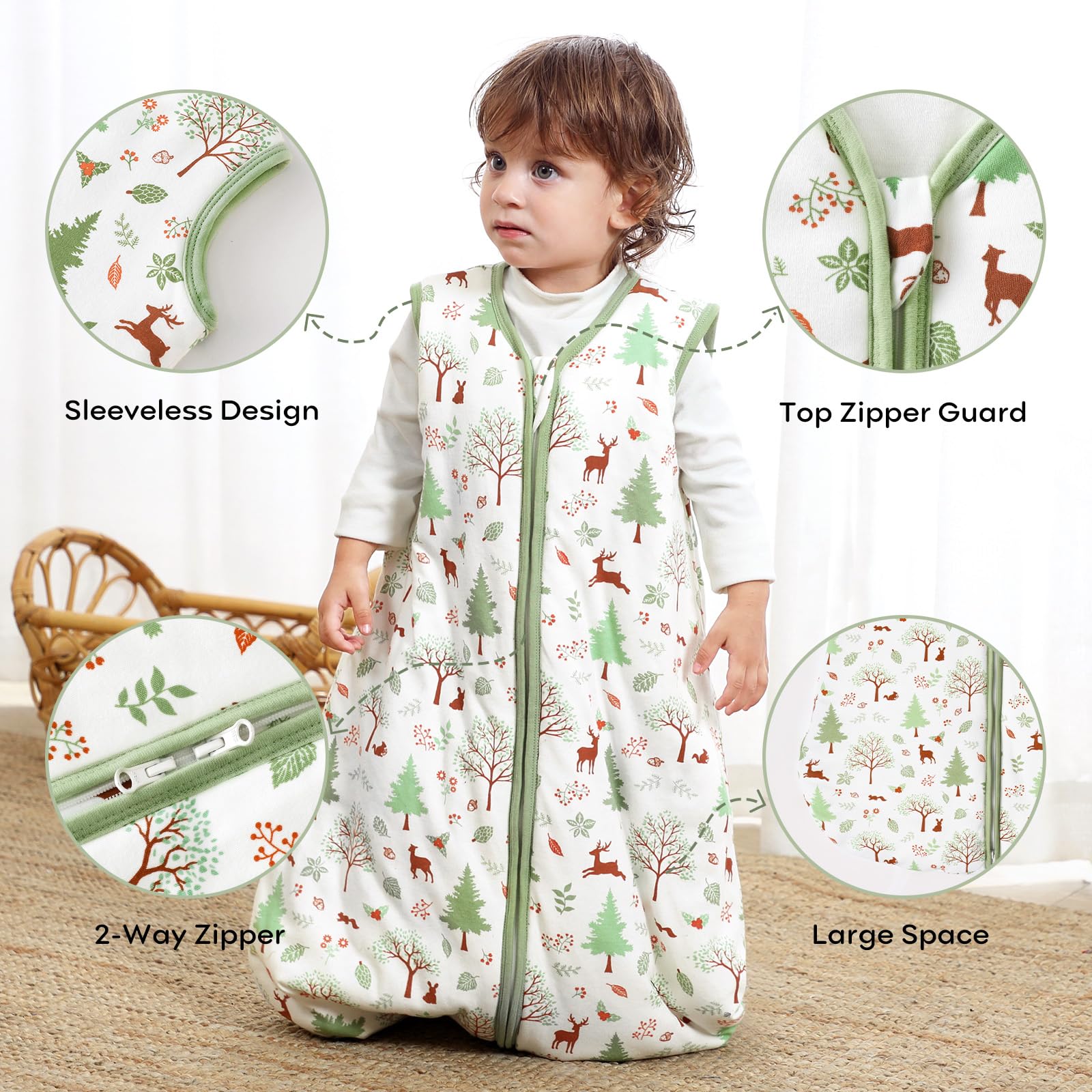 Looxii Baby Sleeping Bag 1.5 Tog Winter Baby Sleep Sack 0-6 Months 100% Cotton Soft Warm Wearable Blanket for Newborn Infant Toddler Boys and Girls Green Forest - Image 4