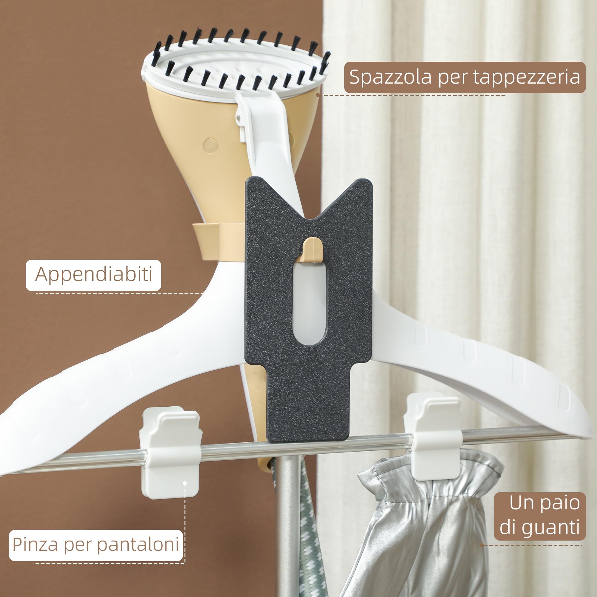 HOMCOM Ferro da Stiro Verticale a Vapore 1800W con Serbatoio 1.8L Oro | Stiratrice Stirella Verticale, Piastra Alluminio, Regolabile, Asta Telescopica, Accessori Abiti Tende Divani