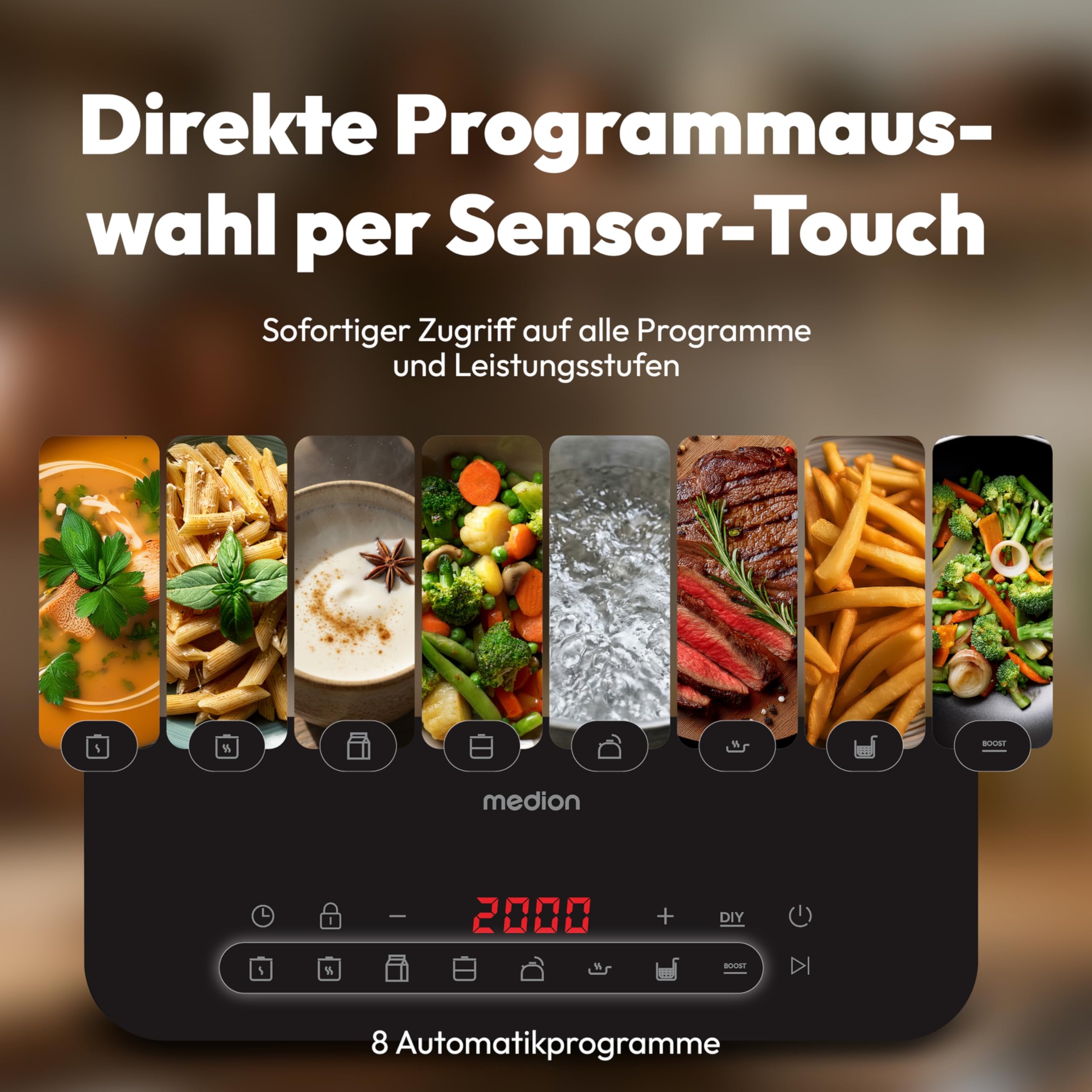 MEDION IC10S Induktionskochplatte, 1 Platte Induktionskochfeld, extra flach, 2100 Watt, 1 Kochplatte, 8 Automatikprogramme und DIY, LED Display, Touchbedienung, Kristallglas-Oberfläche