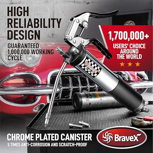 Miniatura 2 de Bravex - Pistola para engrasado profesional resistente con agarre, 6000 PSI - Manguera flexible de 18 pulgadas