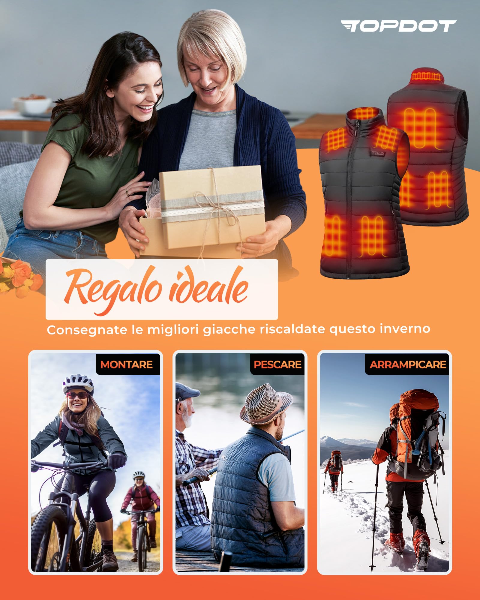 Topdot Gilet Riscaldato Donna, Gilet Riscaldato con Batteria 7.4V 16000mAh, 10 Zone di Riscaldamento, Giubbotto Riscaldato Elettrico Leggero con 3 Temperature per Ciclismo, Lavori All'aperto
