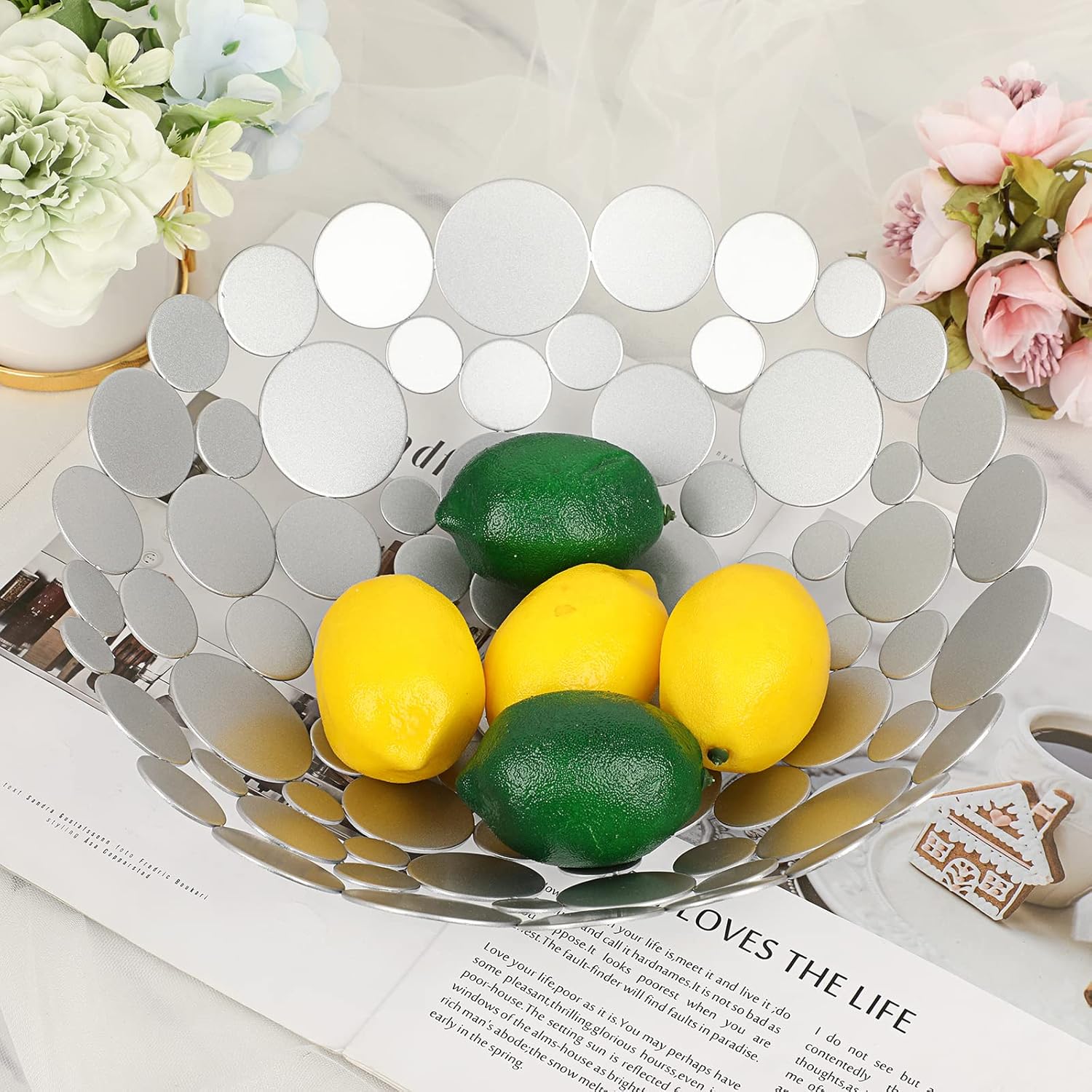 OwnMy Silver-Gray Metal Fruit Bowl Basket Creative Fruit Stand Round Fruit Tray Decorative Home Kitchen Countertop Fruit Holders, Iron Large Fruit Plate Round Storage Tray for Breads Snacks Candy