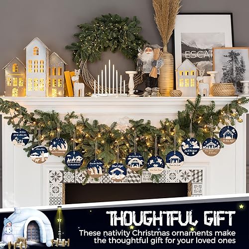 Miniatura 4 de Soaoo 36 adornos de pesebre a granel para árbol de Navidad, adornos de madera para belén, adornos redondos a granel, decoraciones colgantes para