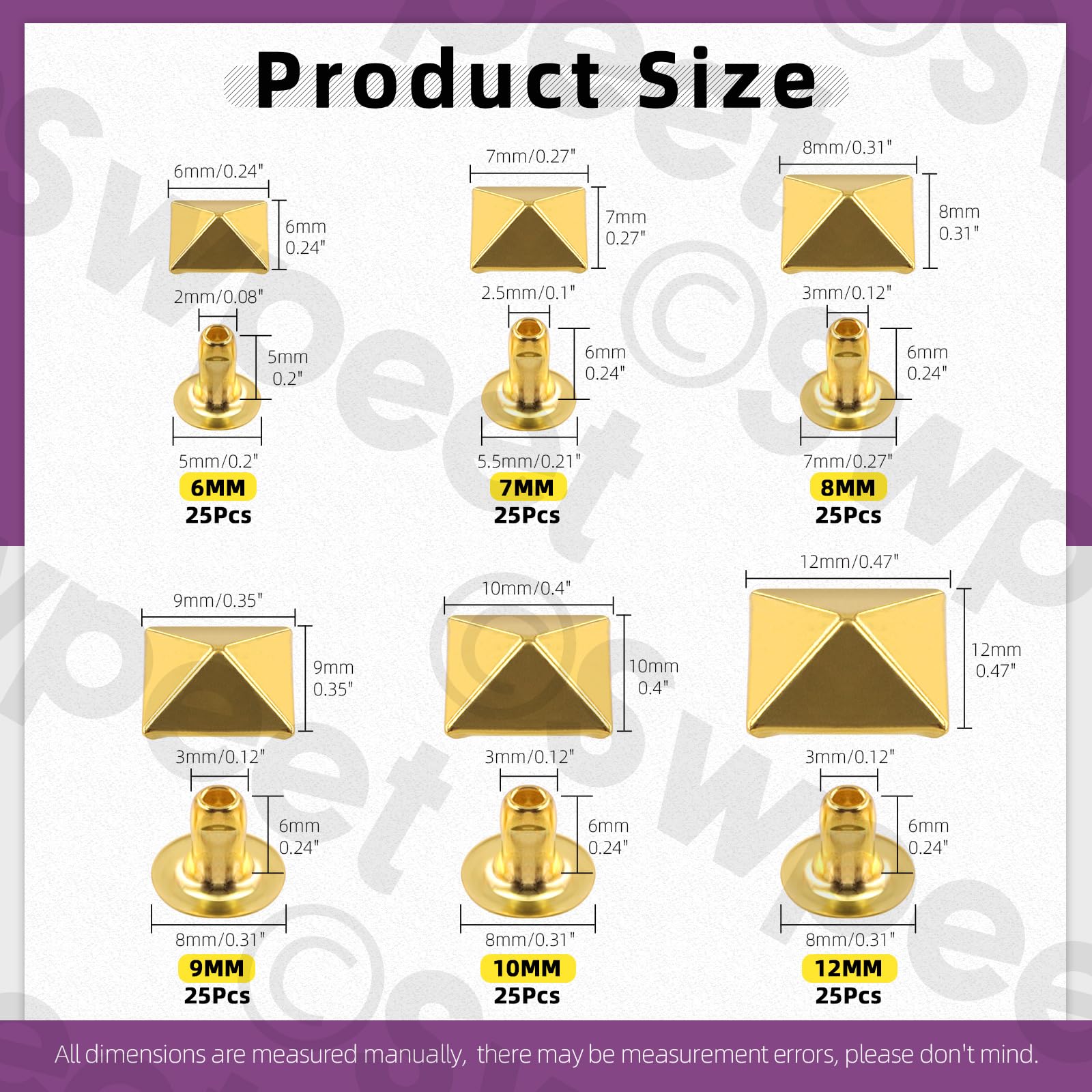 Swpeet 150Pcs 6 Sizes 6mm/7mm/8mm/9mm/10mm/12mm Gold Spike Rivet Pyramid Rapid Rivet Studs Kit - Image 2