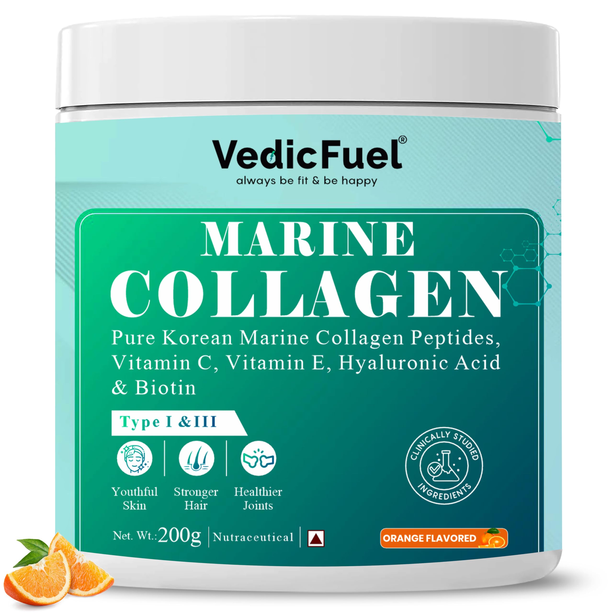 Marine Collagen Powder | Korean Marine Collagen Peptides Type I & III | With Vitamin C, Vitamin E, Hyaluronic Acid & Biotin | Supports Skin Hydration, Hair Strength & Joint Wellness | Orange Flavour | 200g (Pack of 1)-image-42