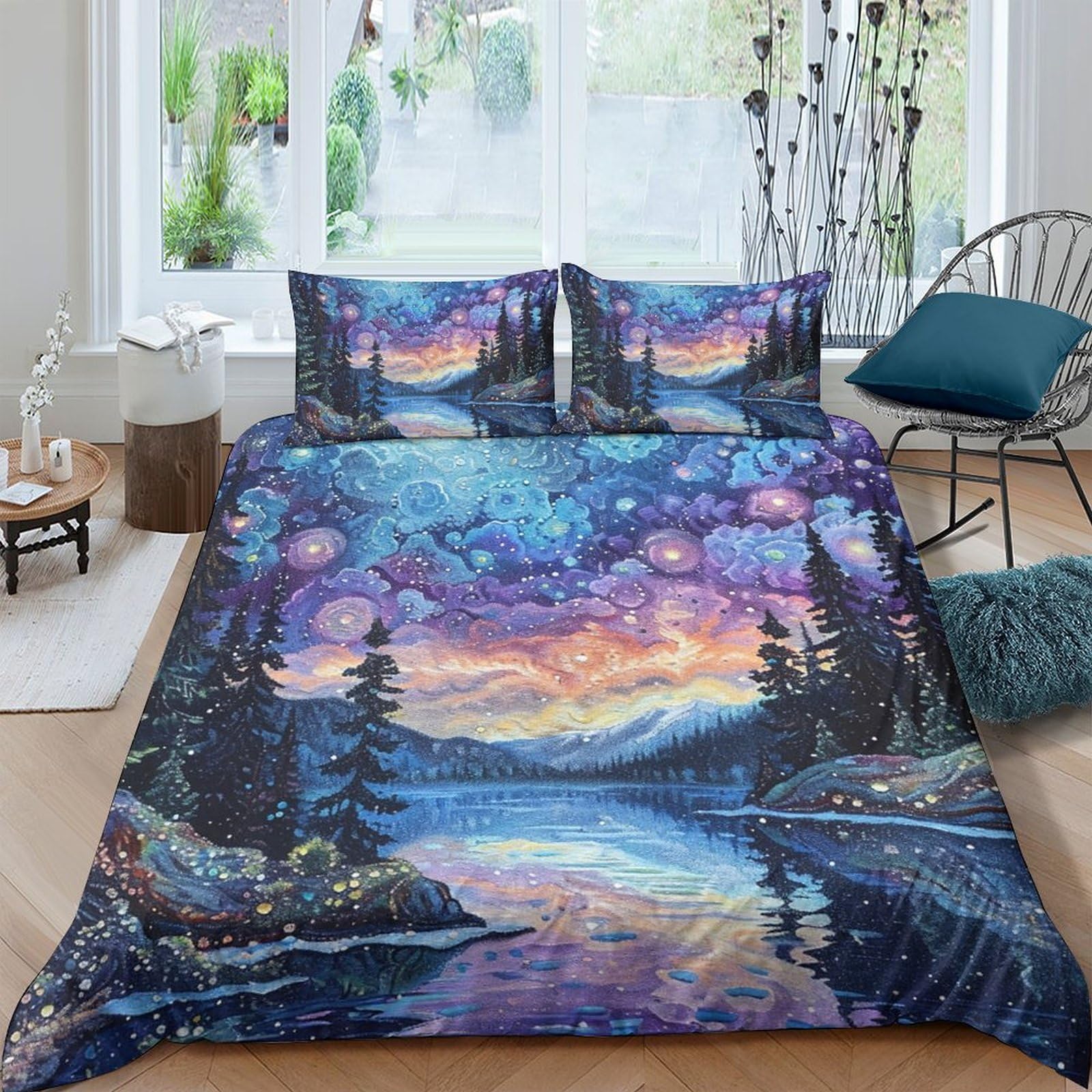 Ctjqhvkz Style-7 3D Printed Aurora Forest Fitted Sheet Microfiber Soft Breathable Sunset Lake Mattress Cover Bedroom Decor Single（135X200cm）