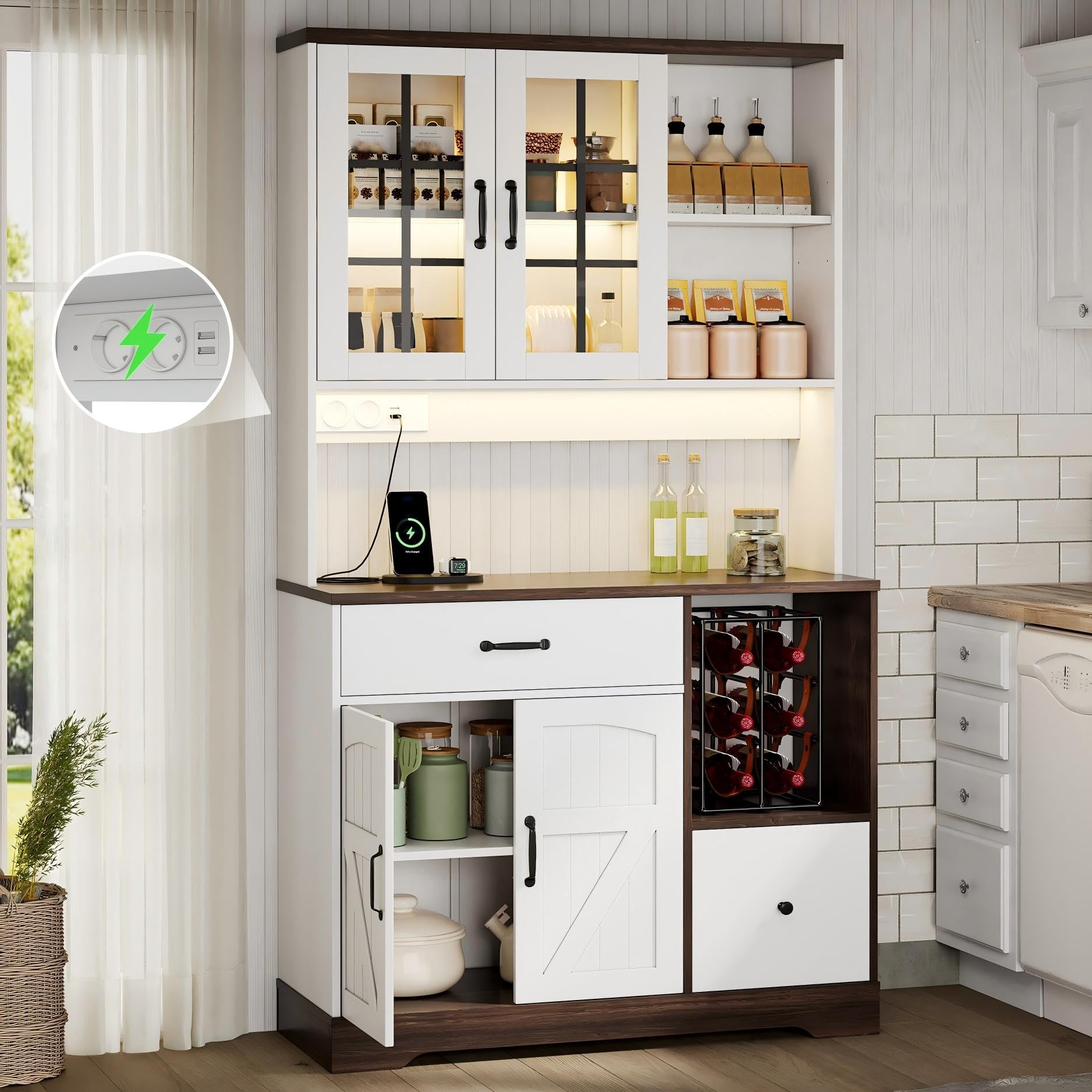 Credenza fienile nero e bianco 185 cm con LED e prese