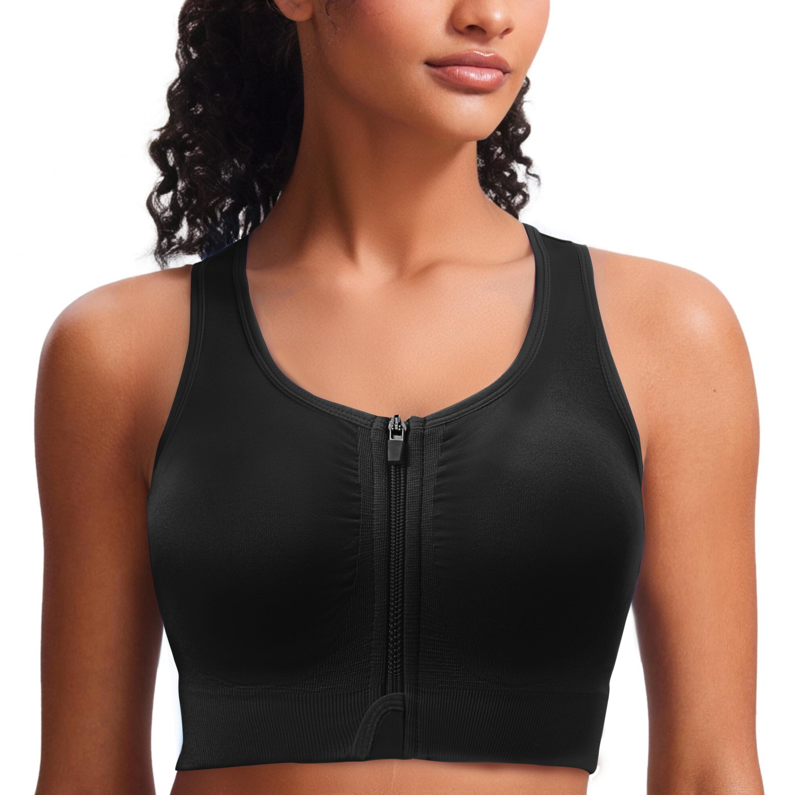 SPORME RUNNING Zip Front Sports Bra for Women - Medium Support Racerback Workout Bra with Removable Pads & Double Hooks