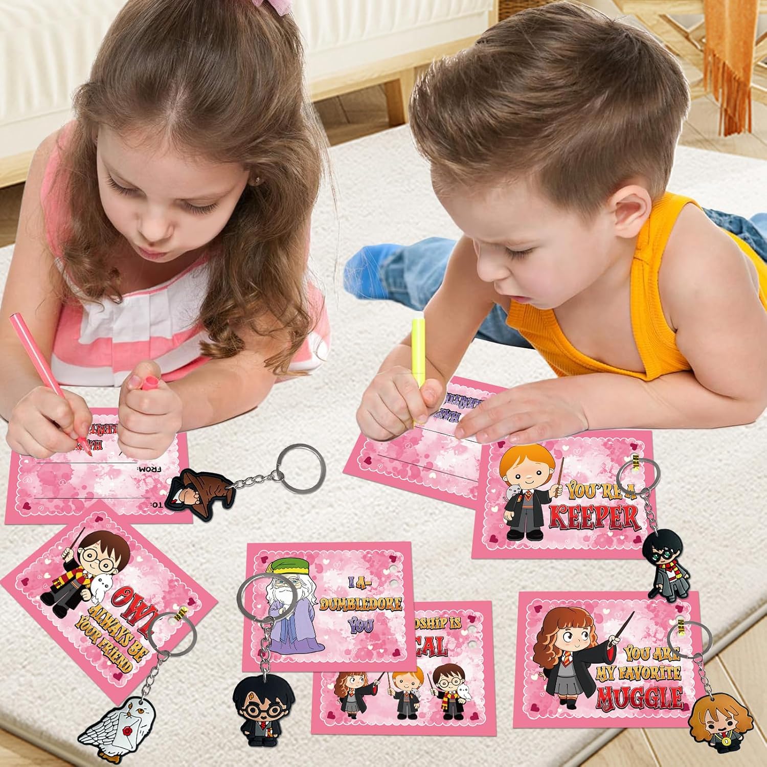Valentines Day Gifts for Kids, 24 Pack Valentines Cards With Keychains Set , Wizards Characters Magical Theme Valentines Day Cards for Boys Girls School Classroom Exchange Gifts