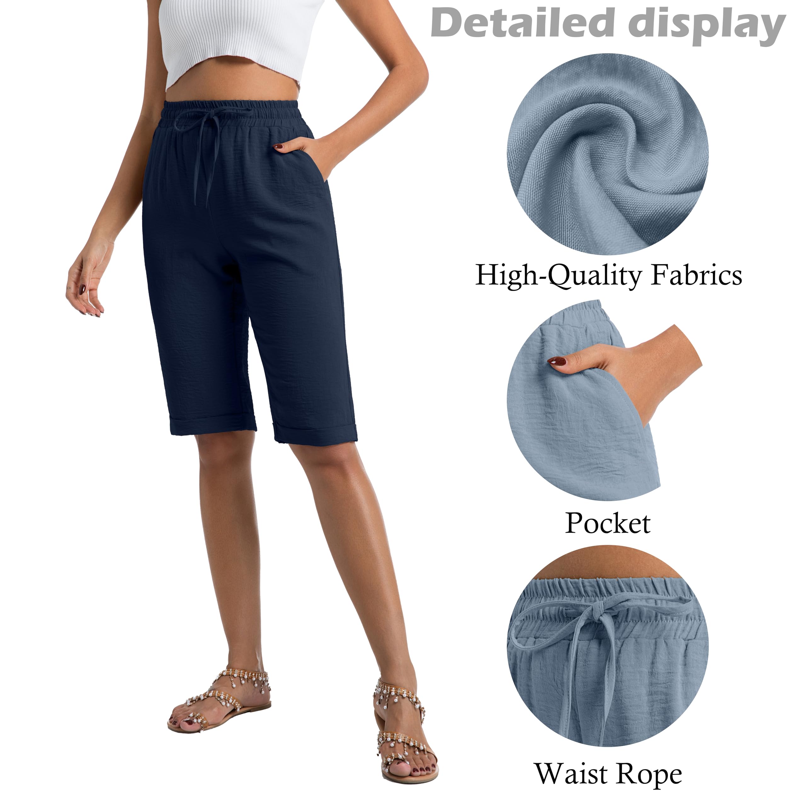 IWOLLENCE Pantaloni corti estivi da donna, lunghezza al ginocchio, leggeri, baggy, da spiaggia, con coulisse, con tasche, con risvolto fisso sull'orlo, con elastico in vita