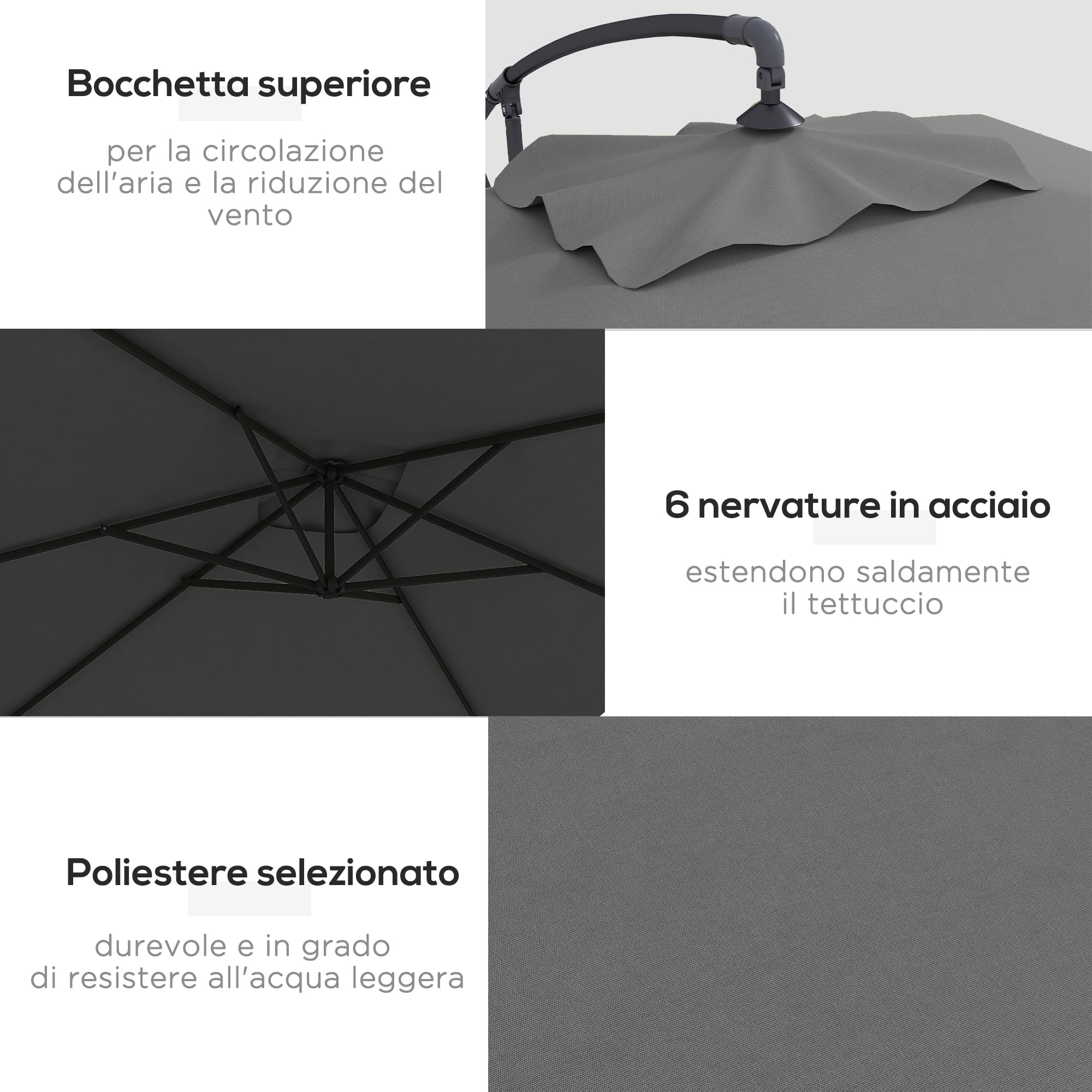 Outsunny Ombrellone Decentrato 3x2 m con Prese d'Aria, Base a Croce e Manovella, Ombrellone da Giardino in Acciaio e Poliestere 160 g/㎡, Protezione UV, per Terrazza e Balcone