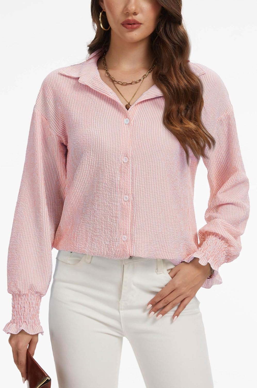 WEACZZY Women's Striped Button Down Shirts Long Sleeve Smocked Cuffed Oversized Boyfriend Blouses Collared Causal Tops - Image 3
